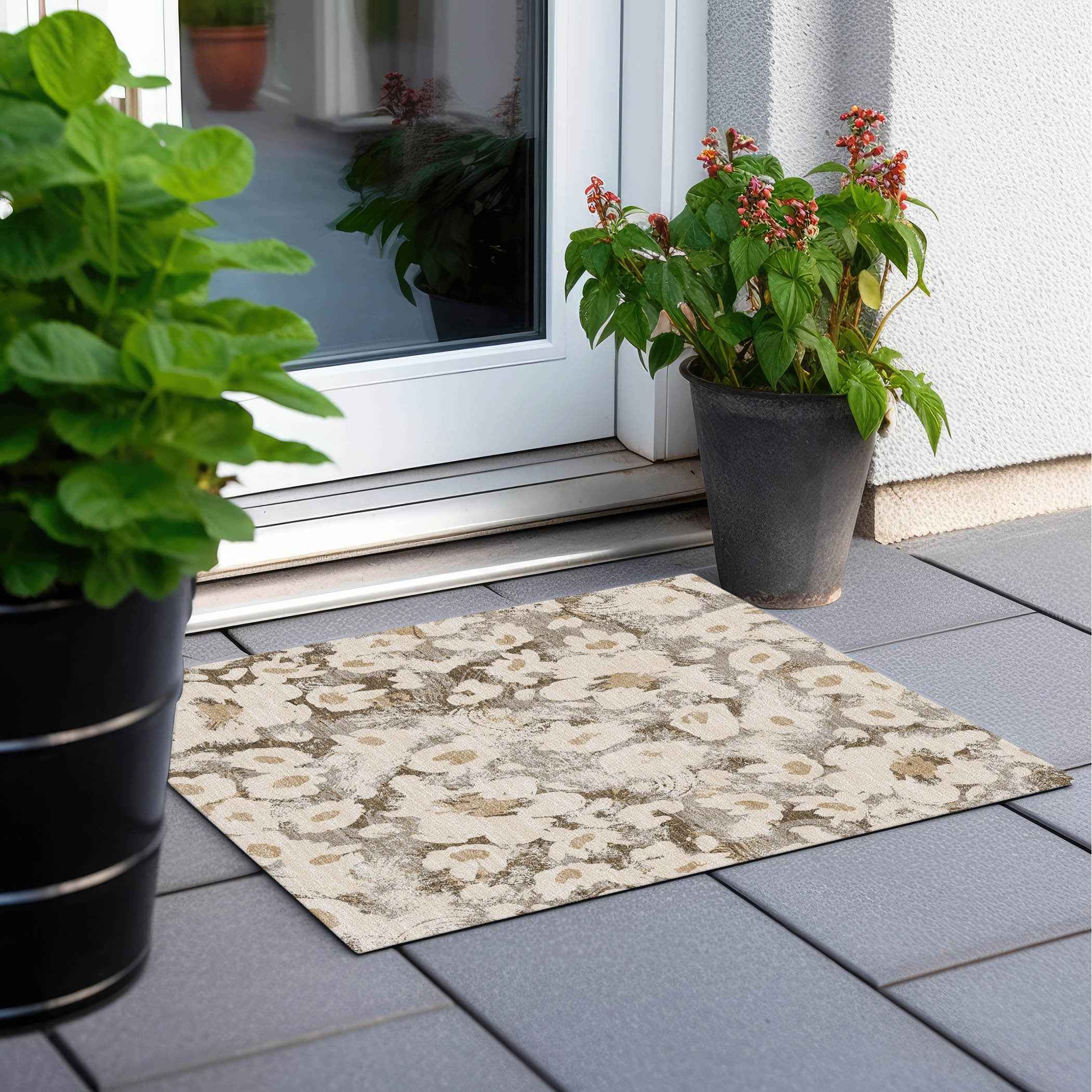 2' X 3' Khaki Floral Washable Non Skid Indoor Outdoor Area Rug