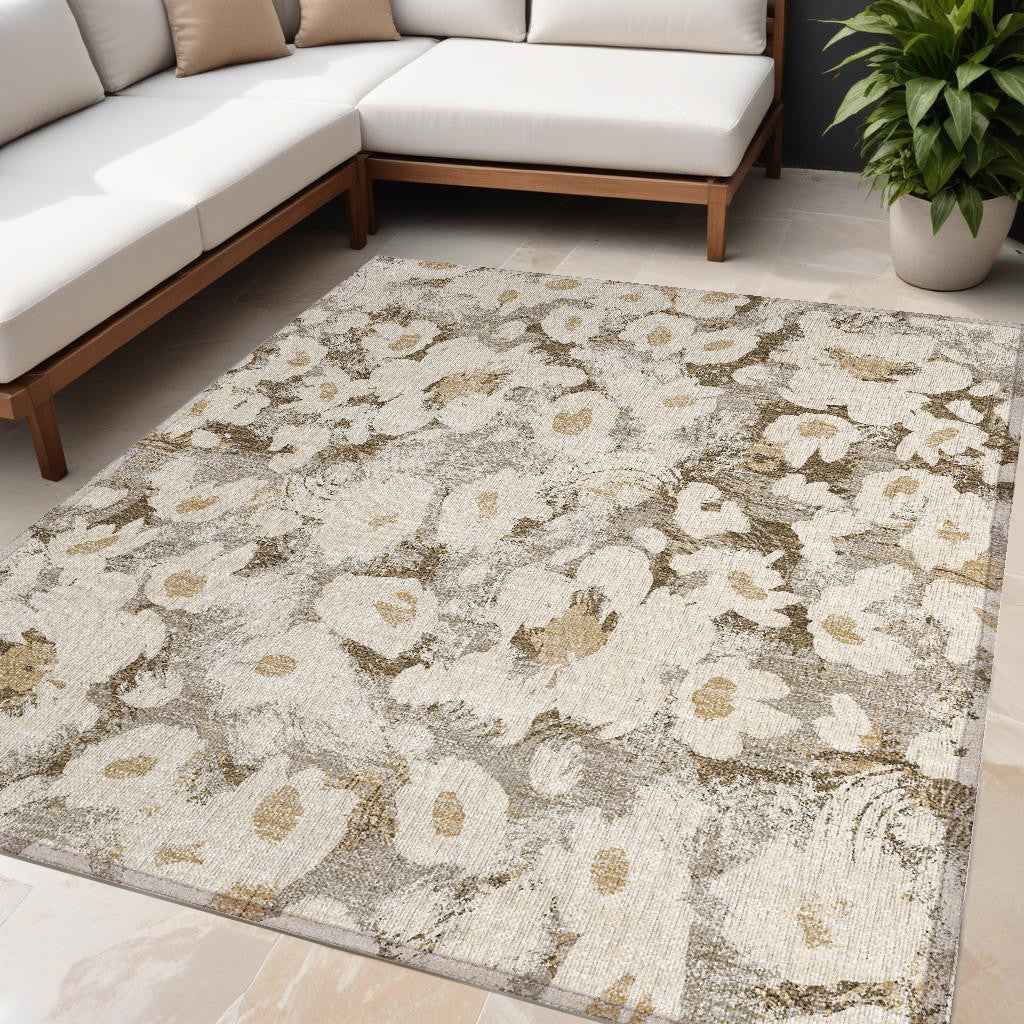 5' X 8' Khaki Floral Washable Non Skid Indoor Outdoor Area Rug