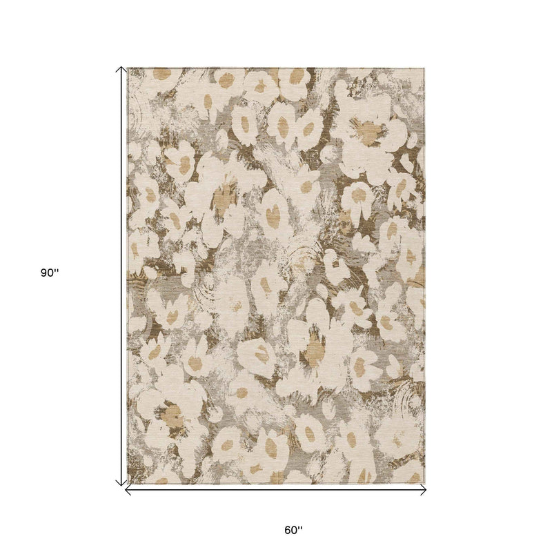 5' X 8' Khaki Floral Washable Non Skid Indoor Outdoor Area Rug