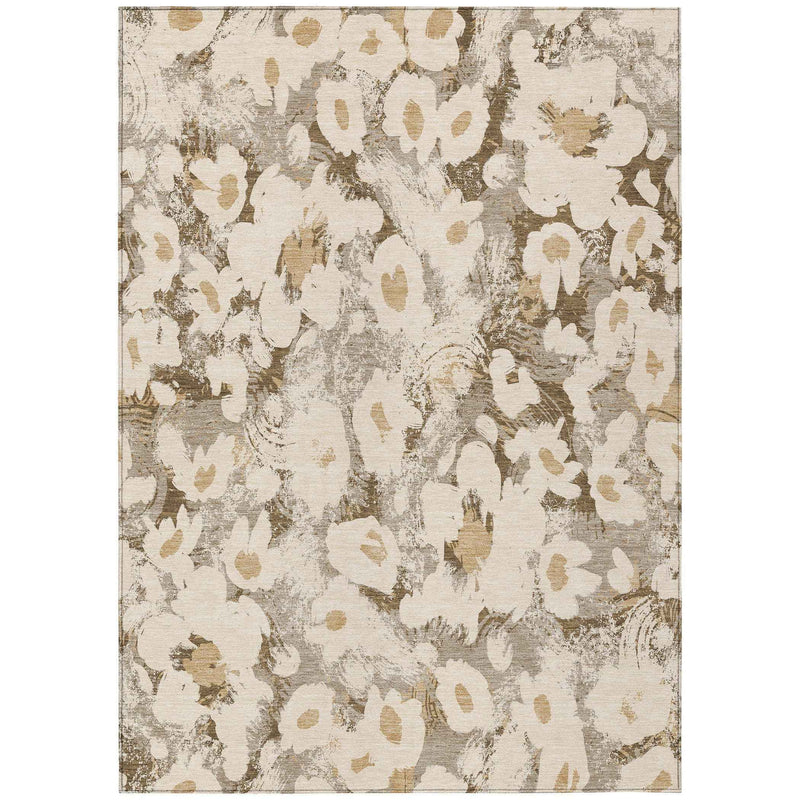 5' X 8' Khaki Floral Washable Non Skid Indoor Outdoor Area Rug