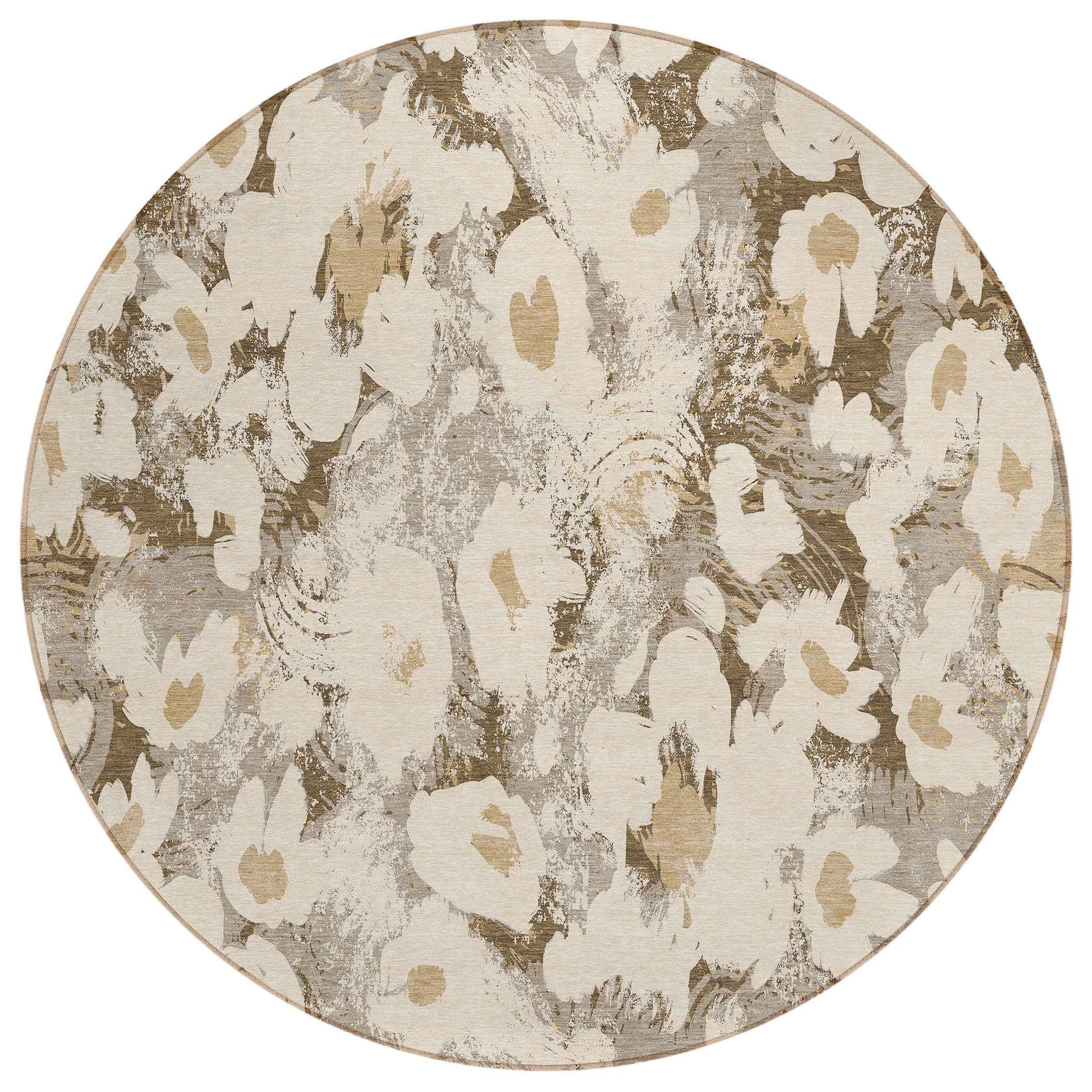 8' Round Khaki Round Floral Washable Non Skid Indoor Outdoor Area Rug