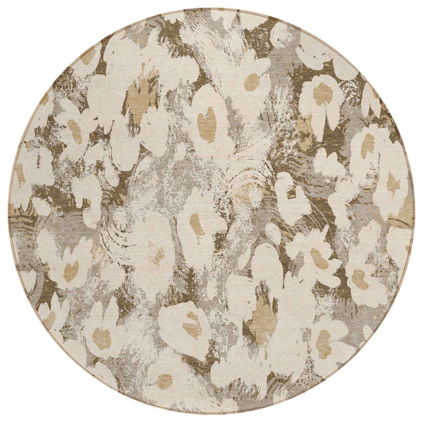 8' Round Khaki Round Floral Washable Non Skid Indoor Outdoor Area Rug