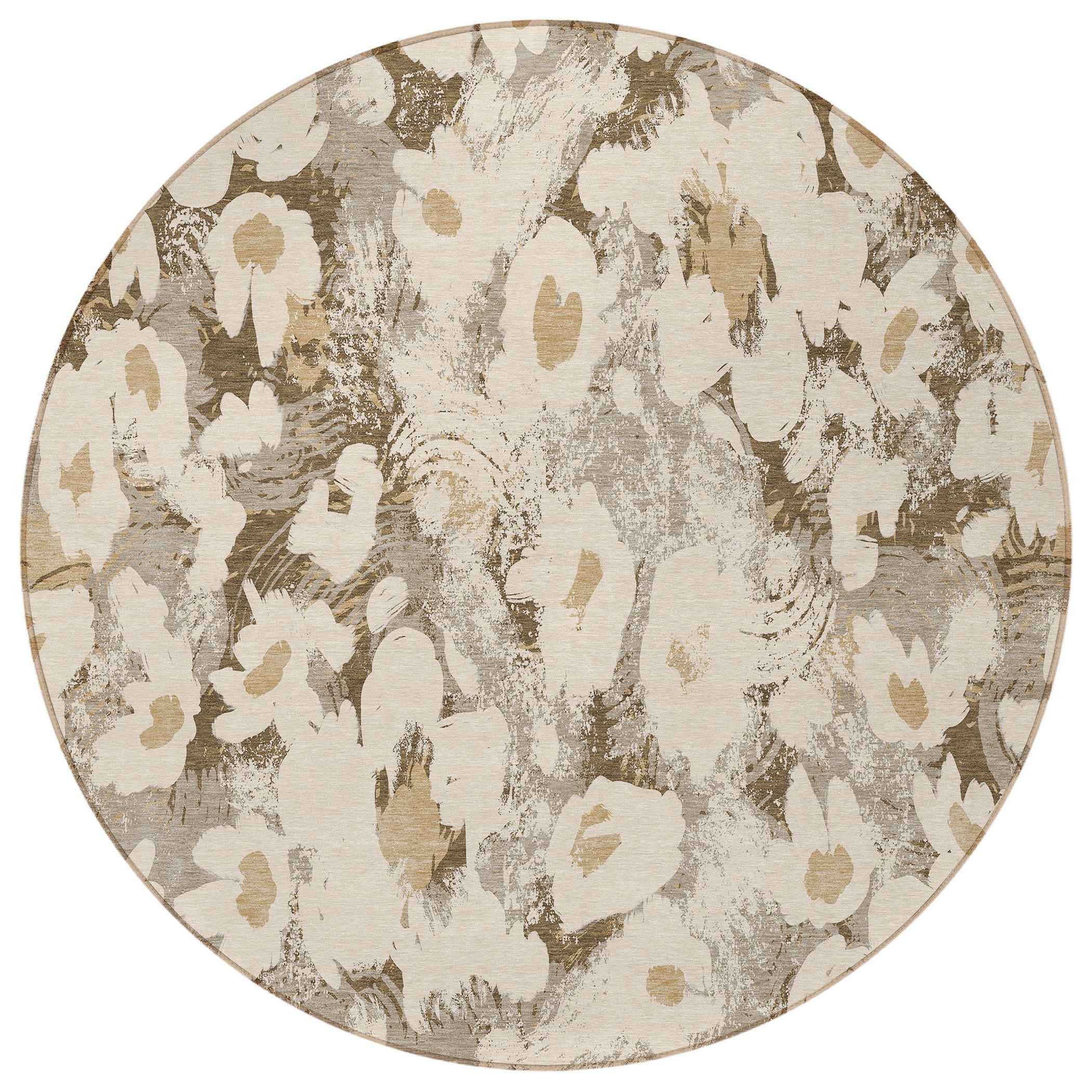 8' Round Khaki Round Floral Washable Non Skid Indoor Outdoor Area Rug