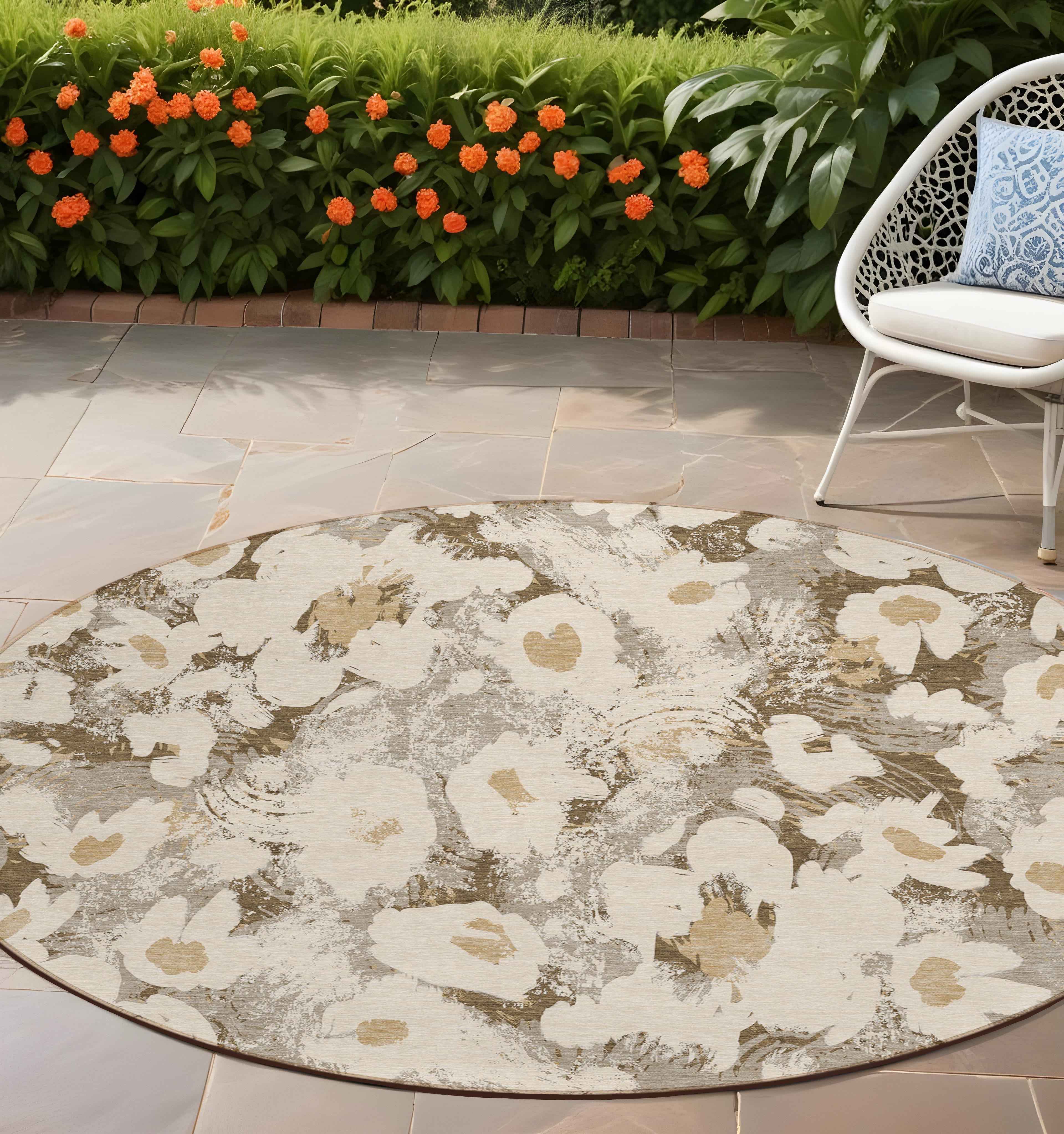 8' Round Khaki Round Floral Washable Non Skid Indoor Outdoor Area Rug