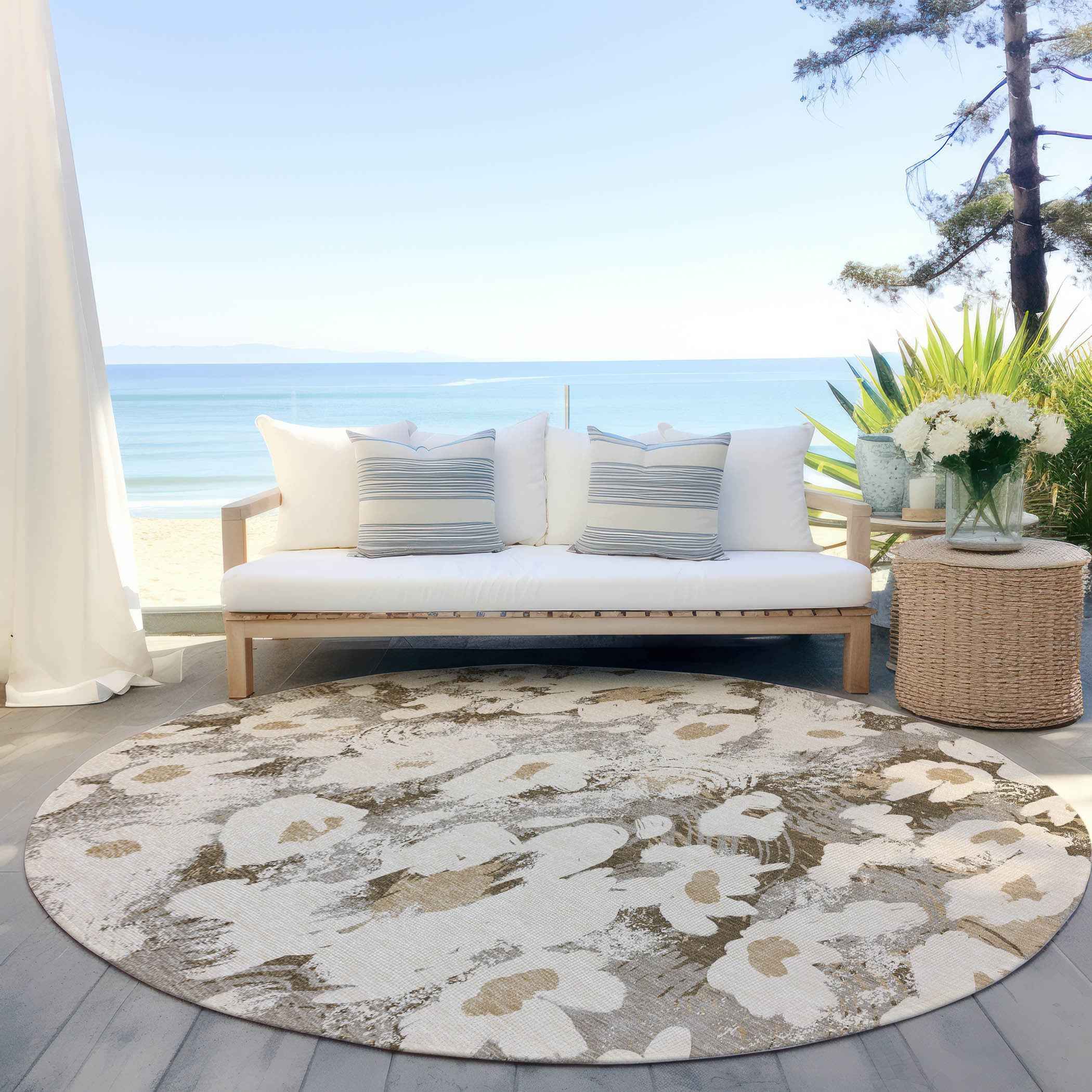 8' Round Khaki Round Floral Washable Non Skid Indoor Outdoor Area Rug