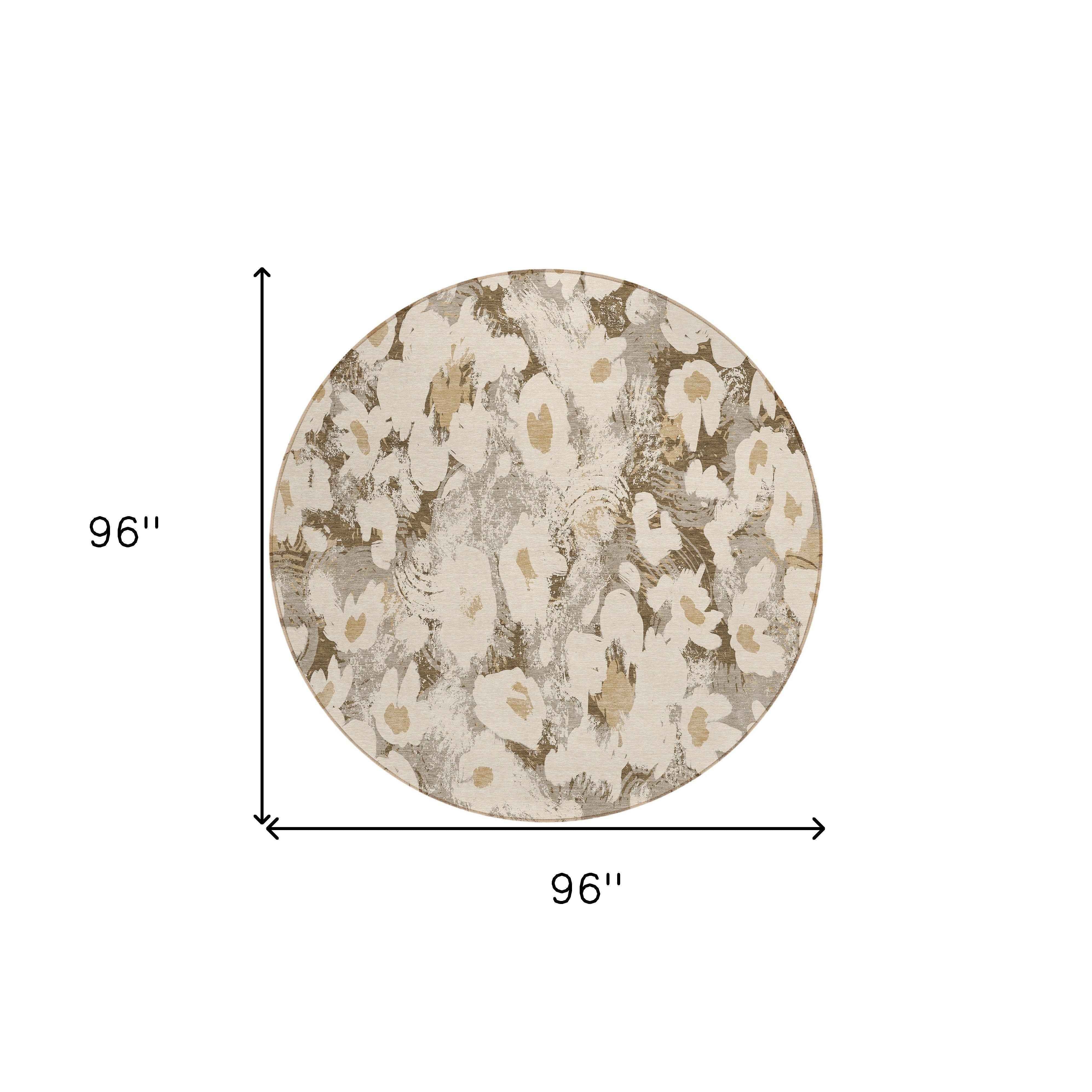8' Round Khaki Round Floral Washable Non Skid Indoor Outdoor Area Rug