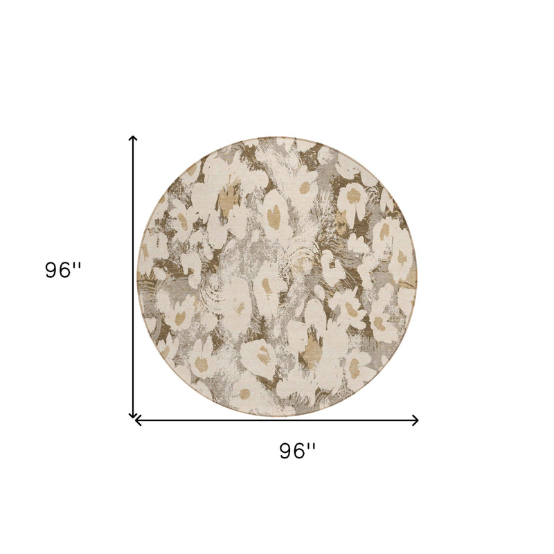8' Round Khaki Round Floral Washable Non Skid Indoor Outdoor Area Rug