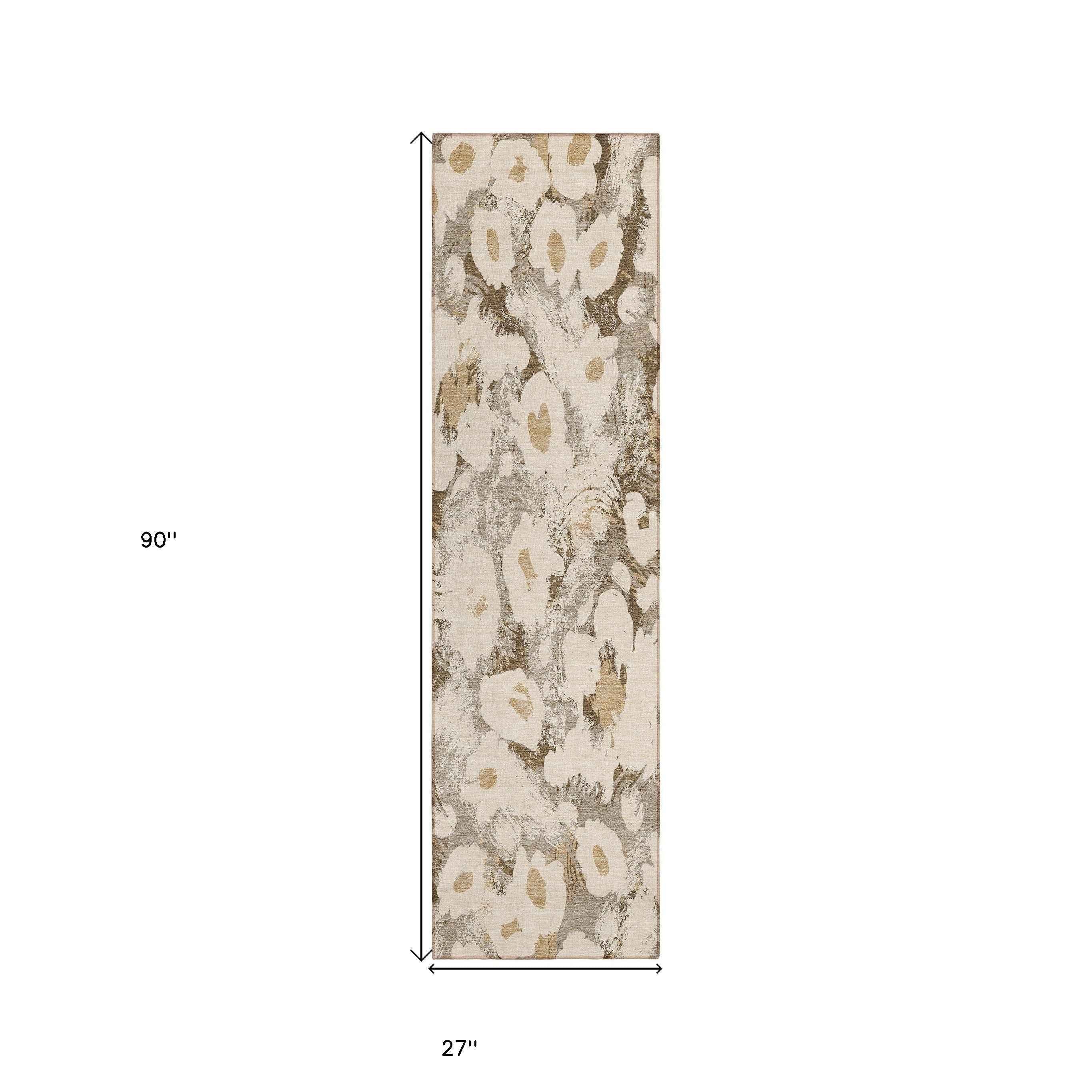 8' Runner Khaki Floral Washable Non Skid Indoor Outdoor Runner Rug