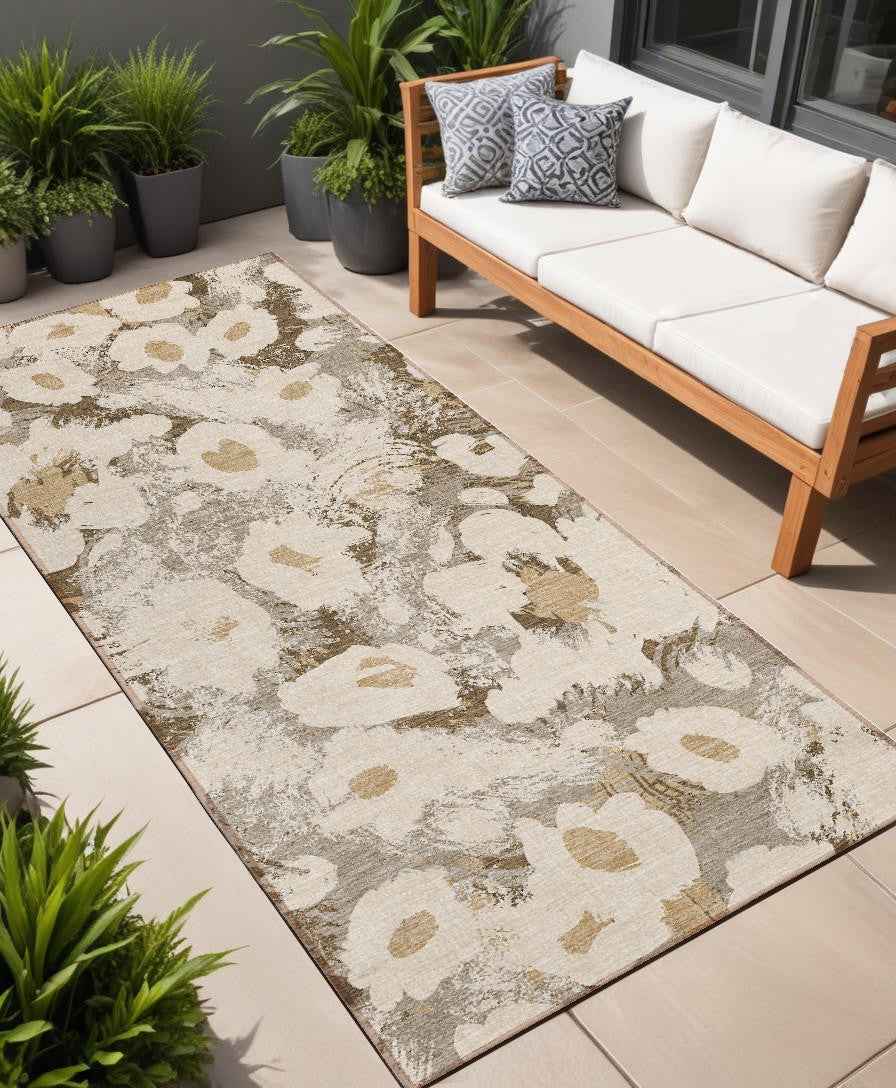 8' Runner Khaki Floral Washable Non Skid Indoor Outdoor Runner Rug