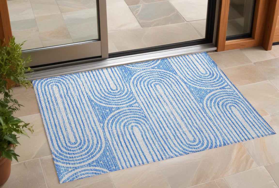 3' X 5' Blue and White Abstract Washable Non Skid Indoor Outdoor Area Rug