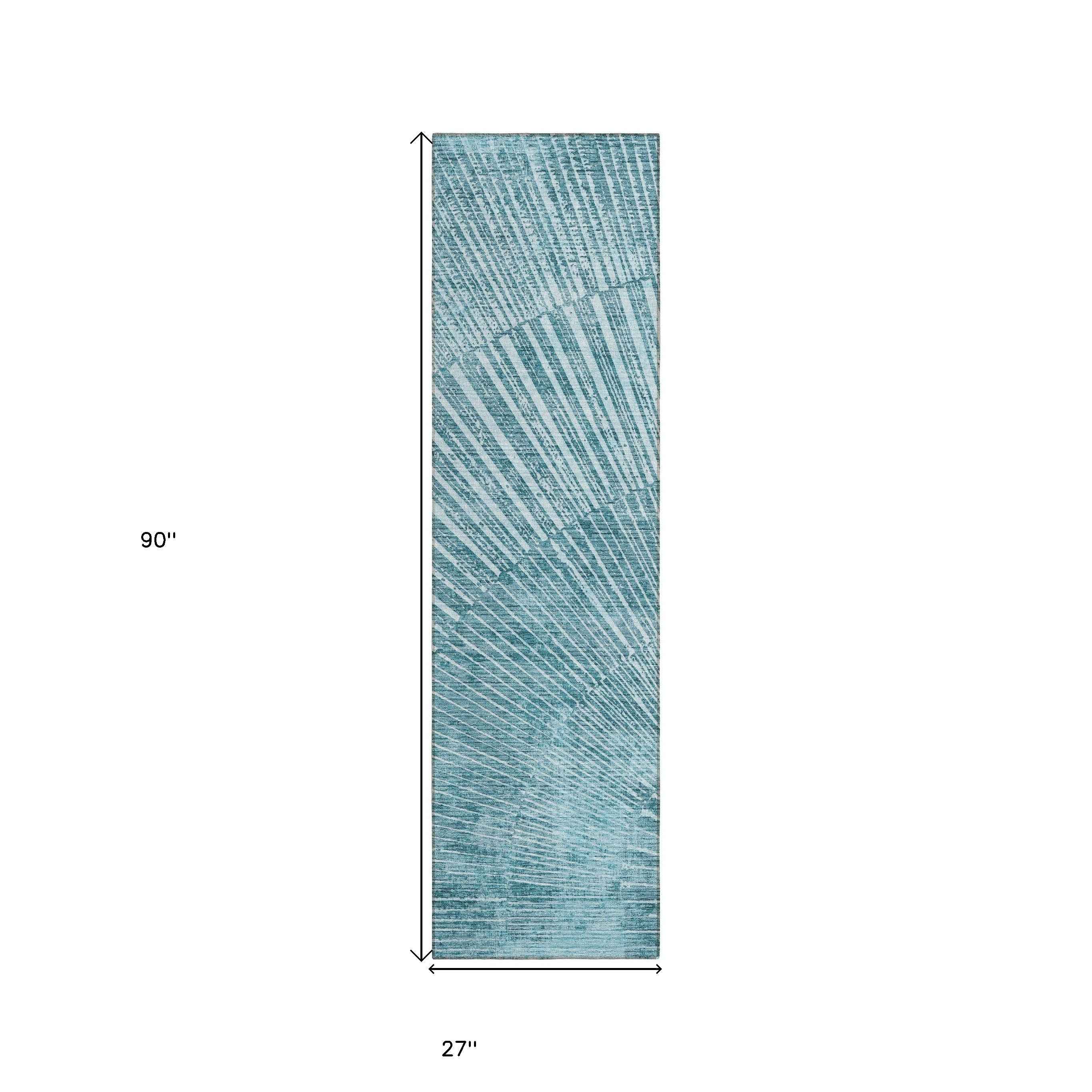 8' Runner Teal Abstract Washable Non Skid Indoor Outdoor Runner Rug