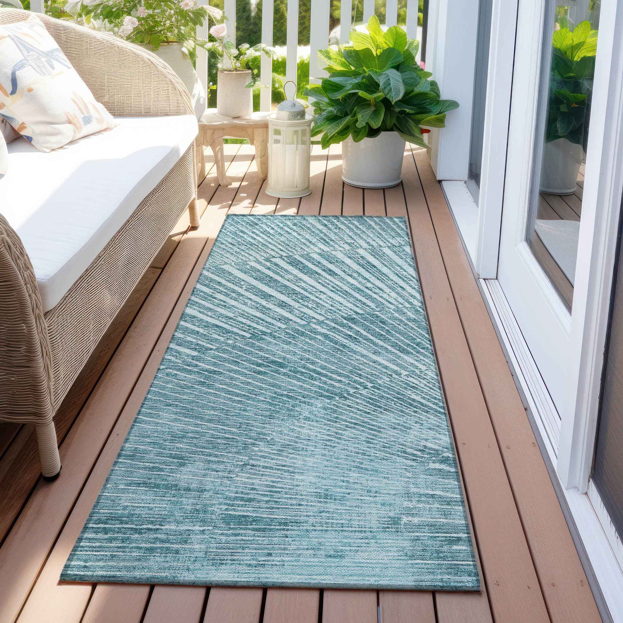 8' Runner Teal Abstract Washable Non Skid Indoor Outdoor Runner Rug