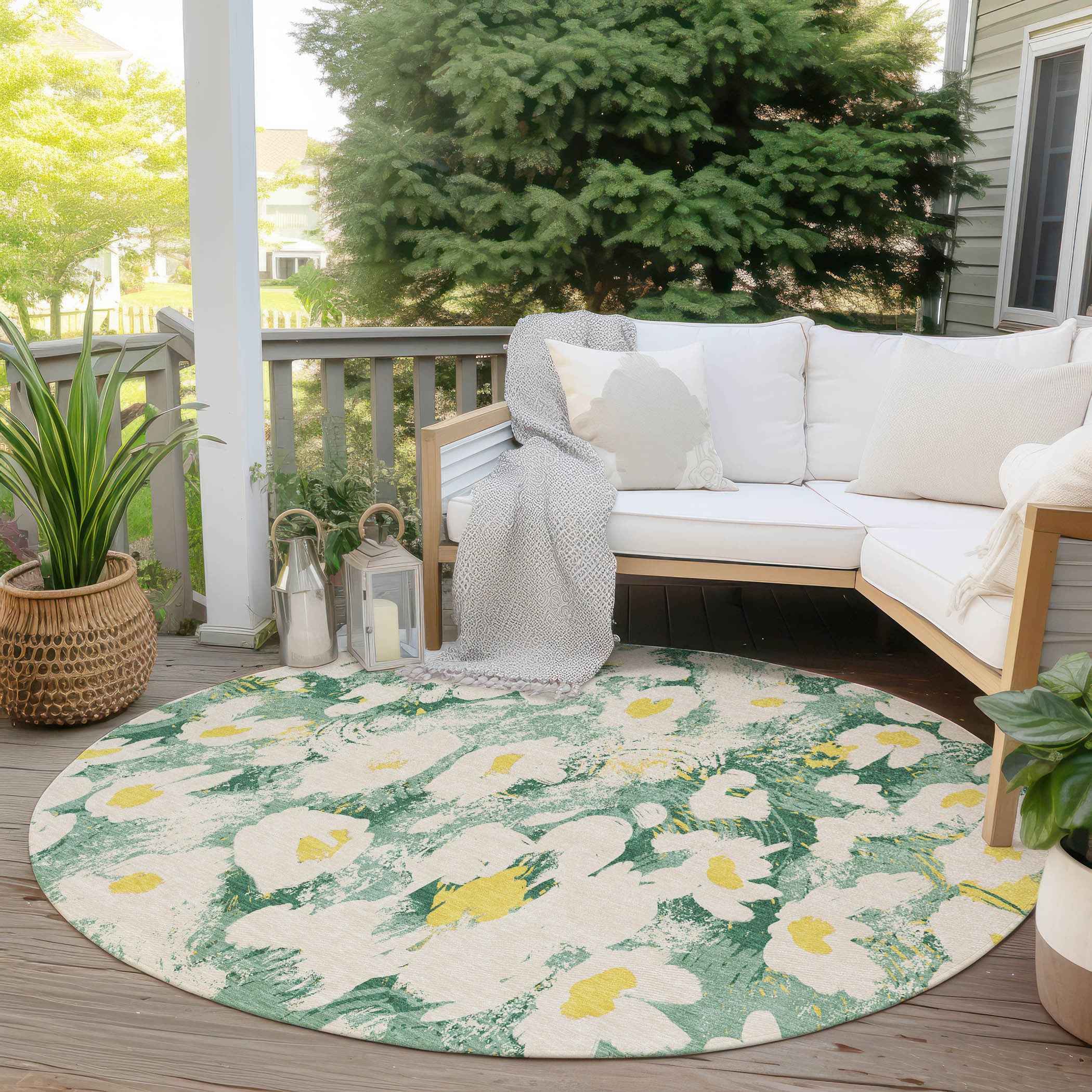 8' Round Green Round Floral Washable Non Skid Indoor Outdoor Area Rug
