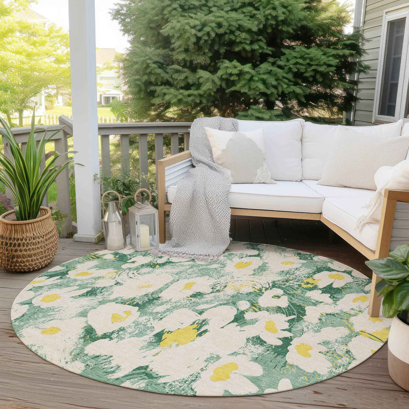8' Round Green Round Floral Washable Non Skid Indoor Outdoor Area Rug