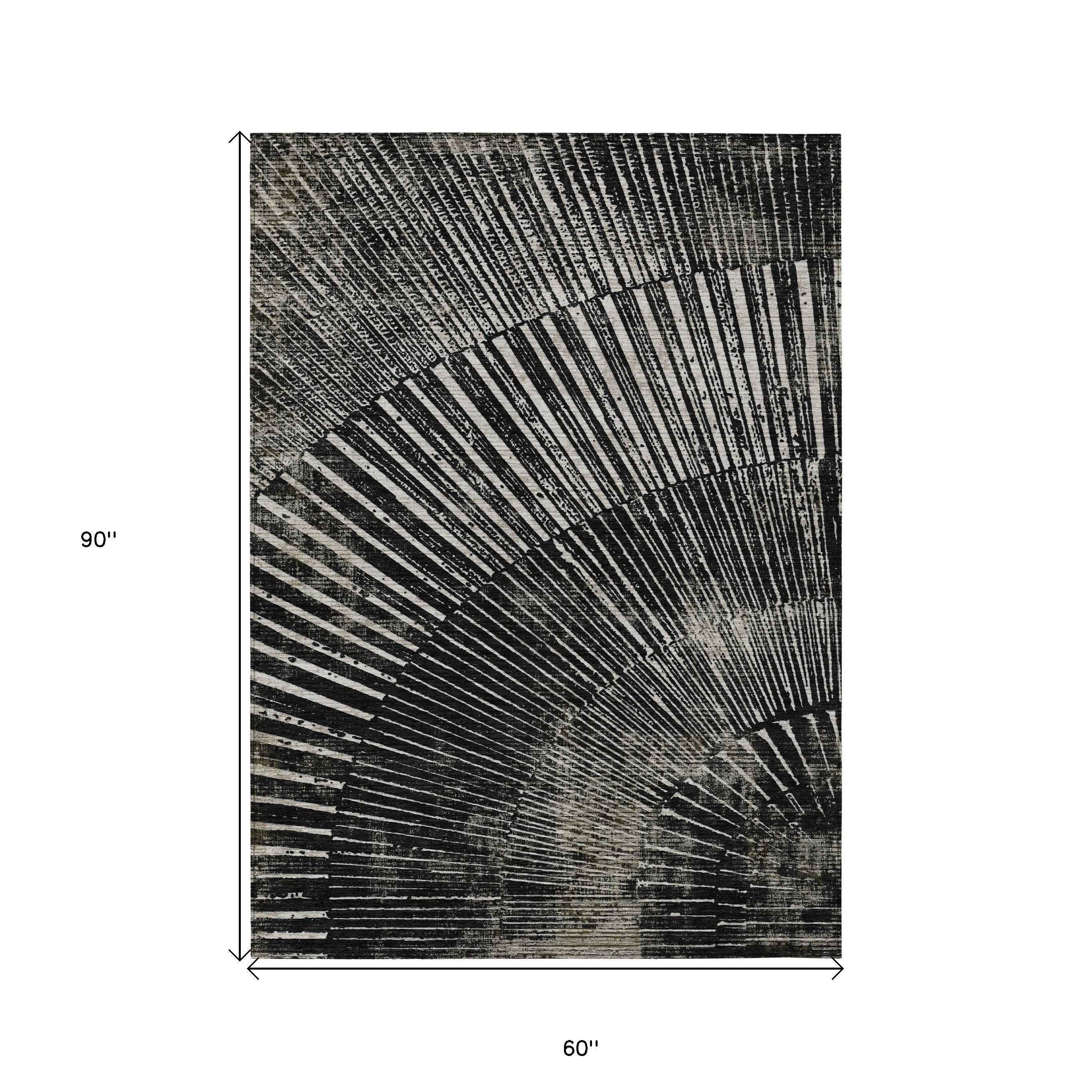 5' X 8' Black And Ivory Abstract Washable Indoor Outdoor Area Rug