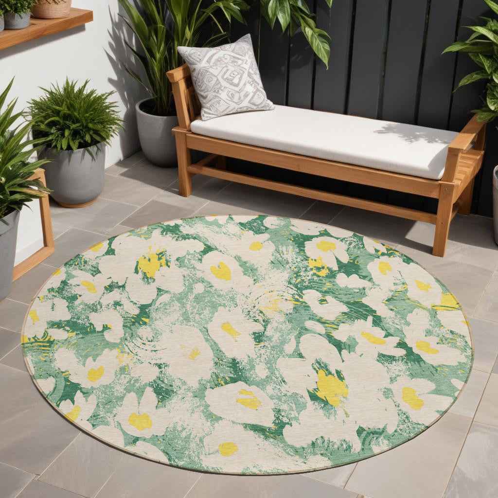 8' Round Green Round Floral Washable Non Skid Indoor Outdoor Area Rug