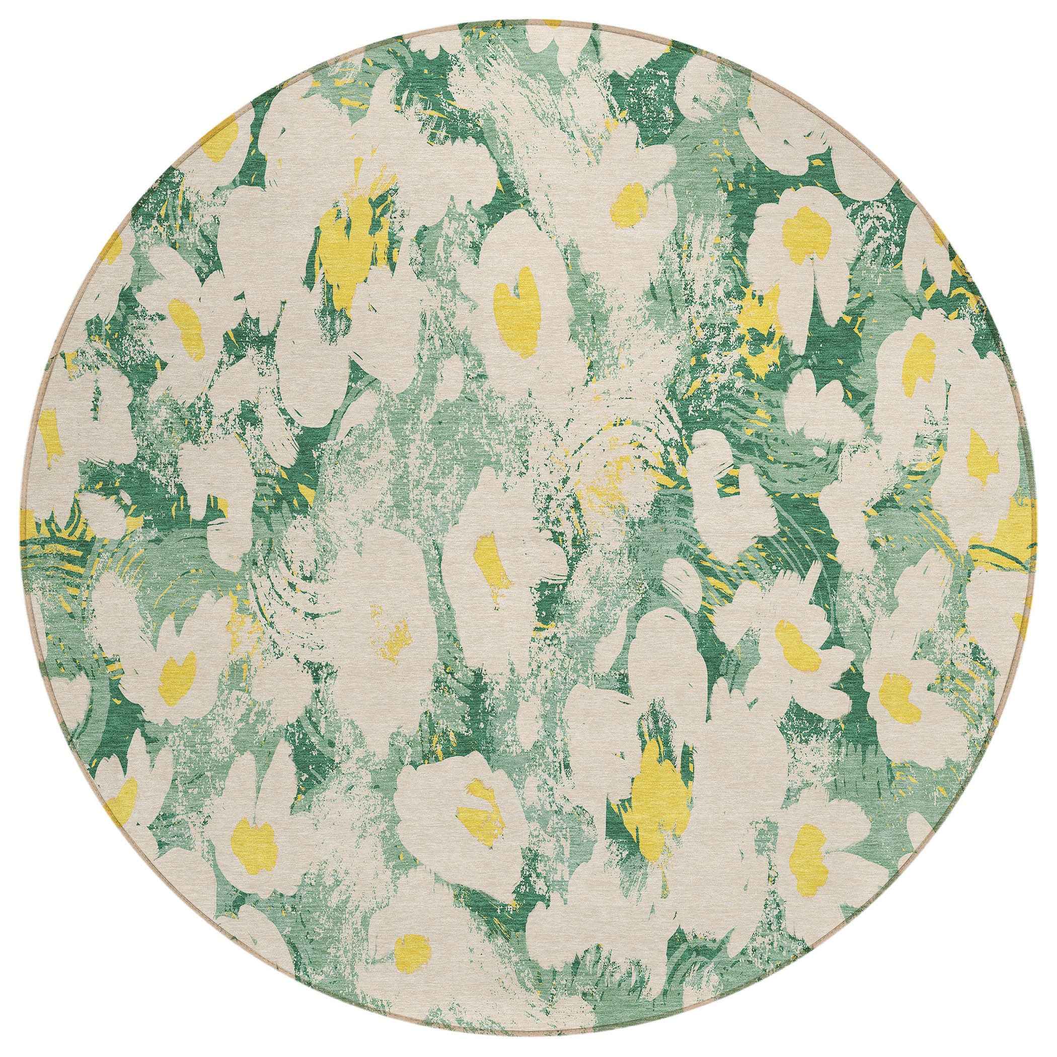 8' Round Green Round Floral Washable Non Skid Indoor Outdoor Area Rug