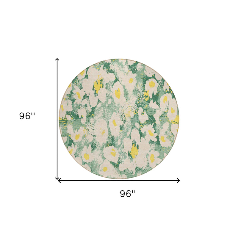 8' Round Green Round Floral Washable Non Skid Indoor Outdoor Area Rug