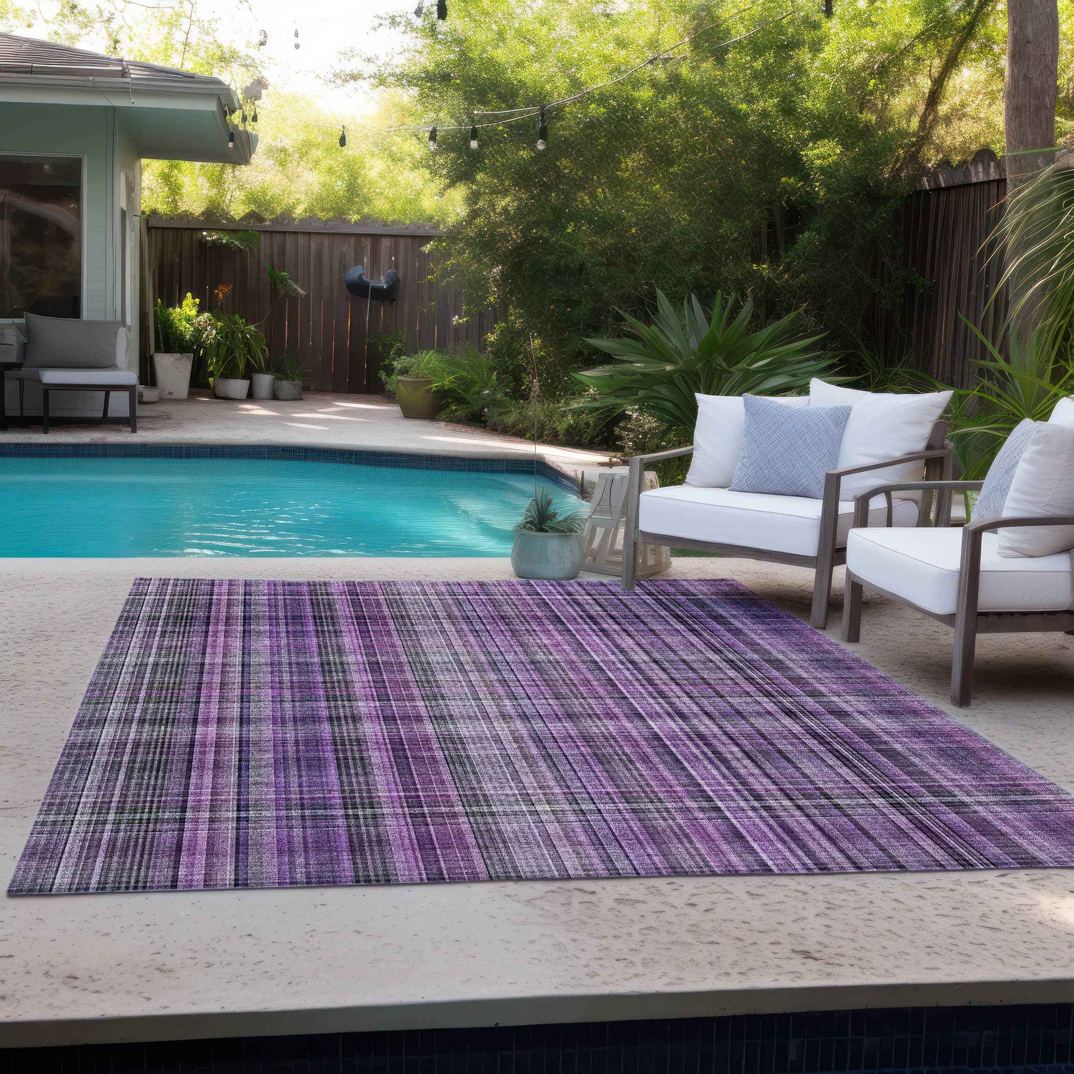 5' X 8' Purple and Gray Plaid Washable Non Skid Indoor Outdoor Area Rug