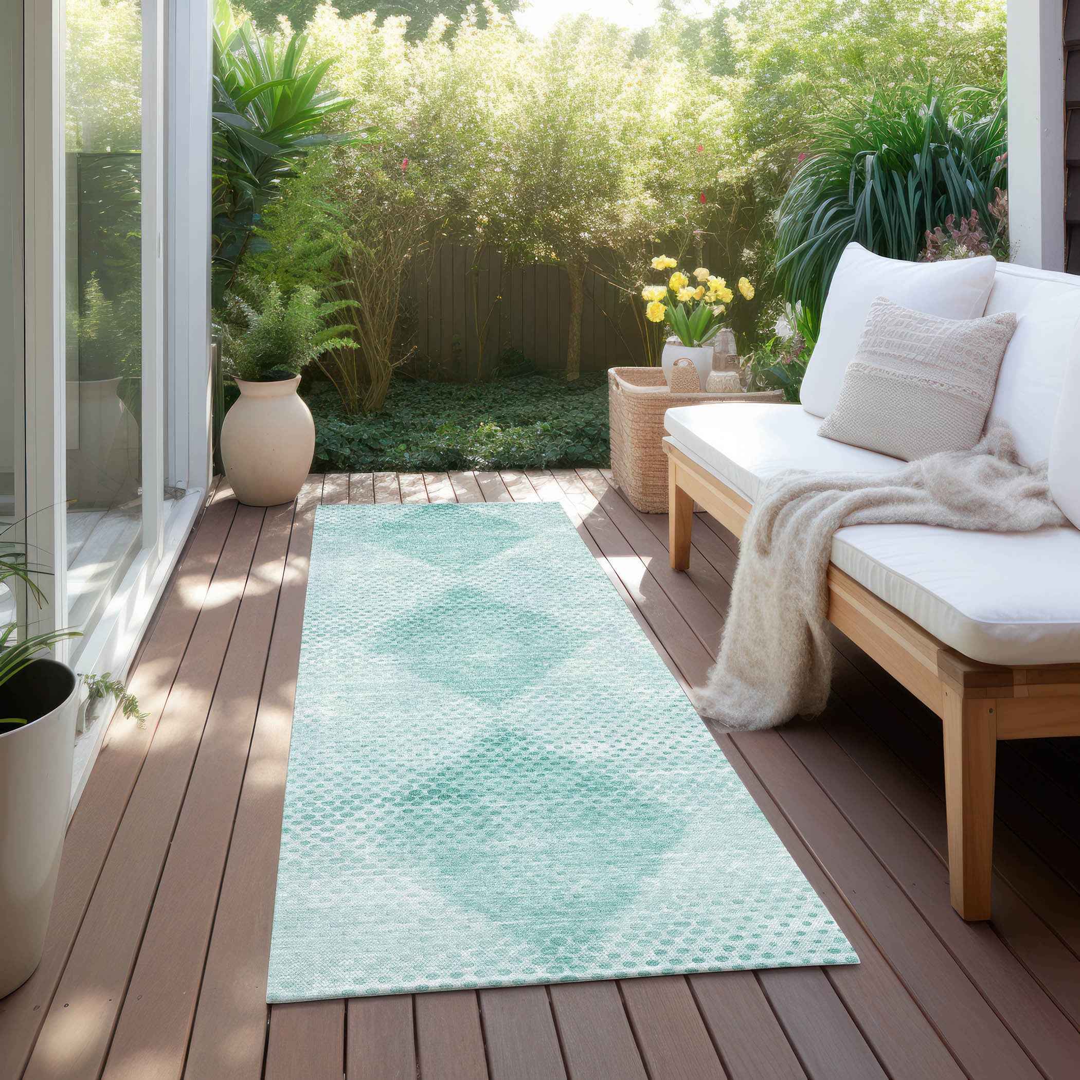8' Runner Teal Geometric Washable Non Skid Indoor Outdoor Runner Rug