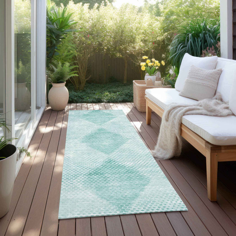 8' Runner Teal Geometric Washable Non Skid Indoor Outdoor Runner Rug