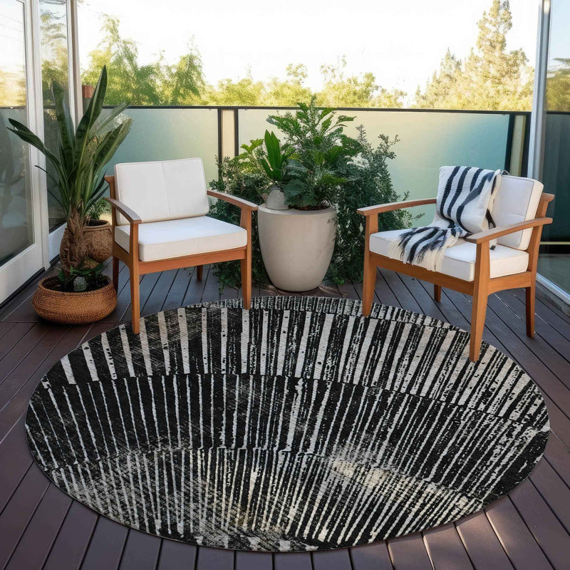 8' Round Black and Ivory Round Abstract Washable Non Skid Indoor Outdoor Area Rug
