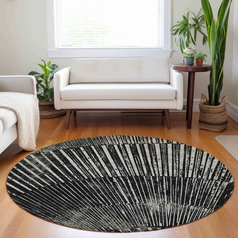 8' Round Black and Ivory Round Abstract Washable Non Skid Indoor Outdoor Area Rug