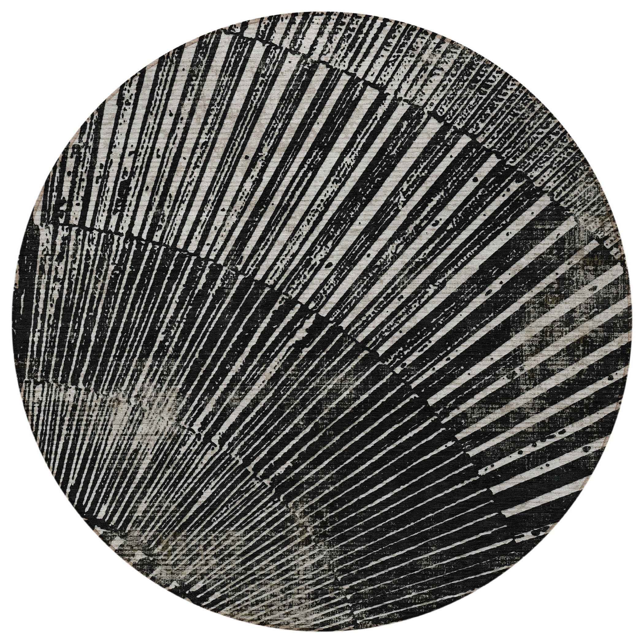 8' Round Black and Ivory Round Abstract Washable Non Skid Indoor Outdoor Area Rug