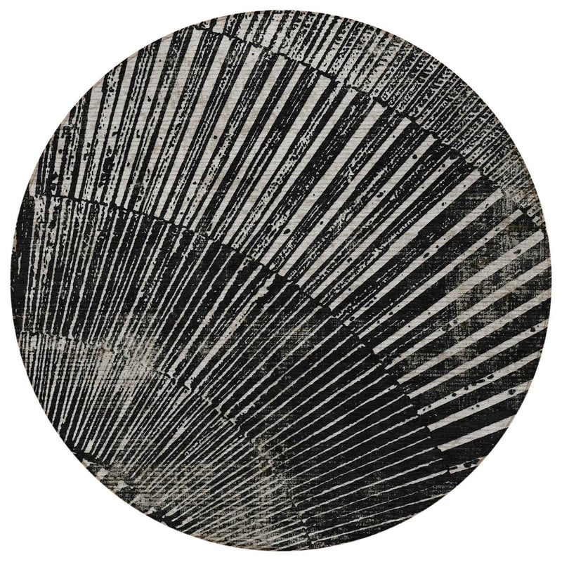 8' Round Black and Ivory Round Abstract Washable Non Skid Indoor Outdoor Area Rug