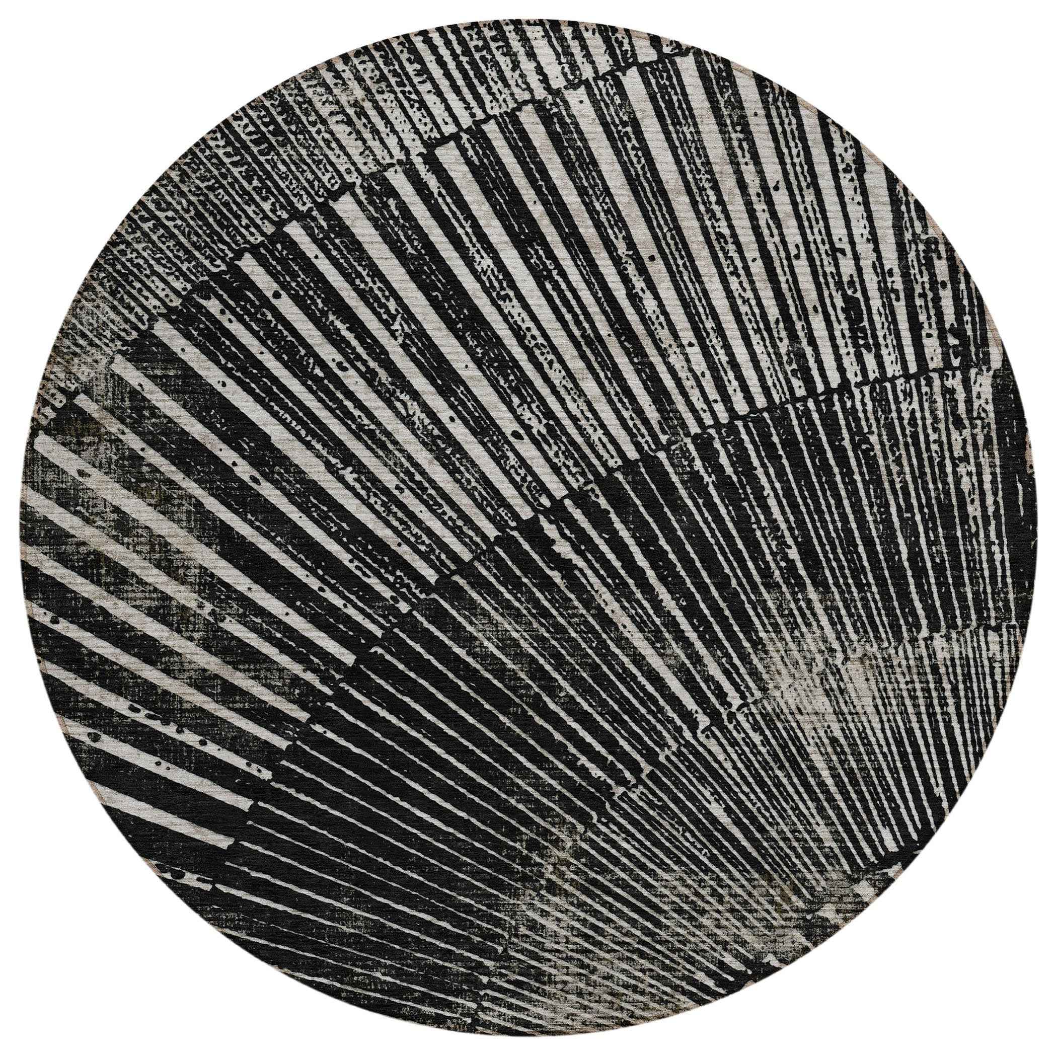 8' Round Black and Ivory Round Abstract Washable Non Skid Indoor Outdoor Area Rug