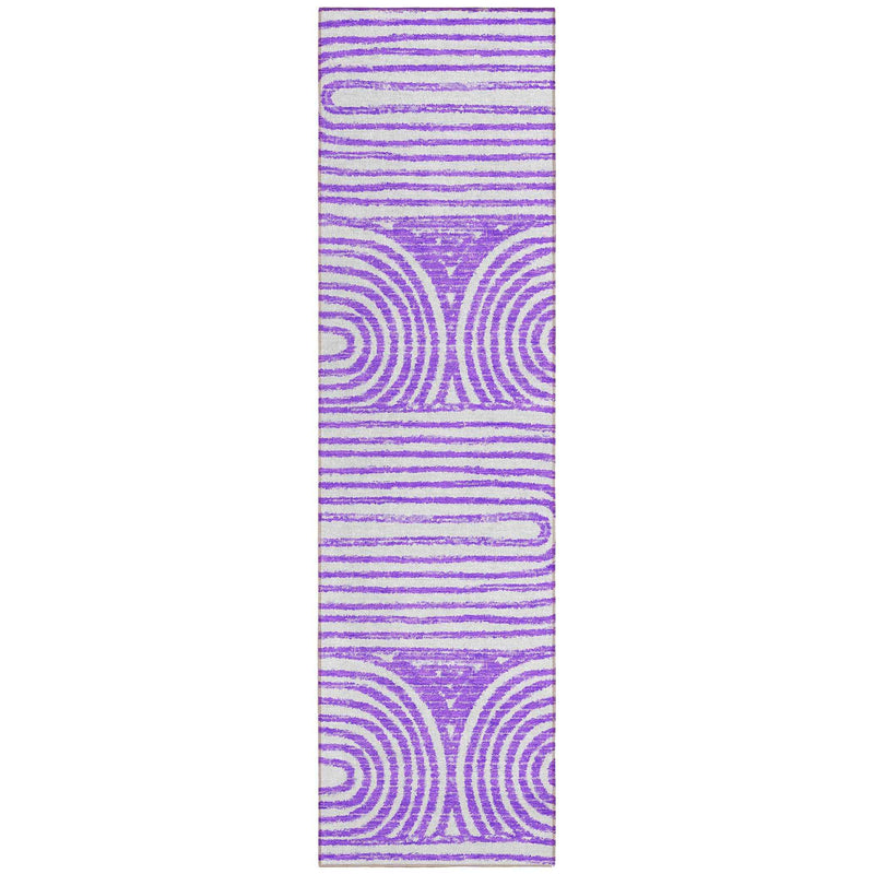 8' Runner Purple and White Abstract Washable Non Skid Indoor Outdoor Runner Rug