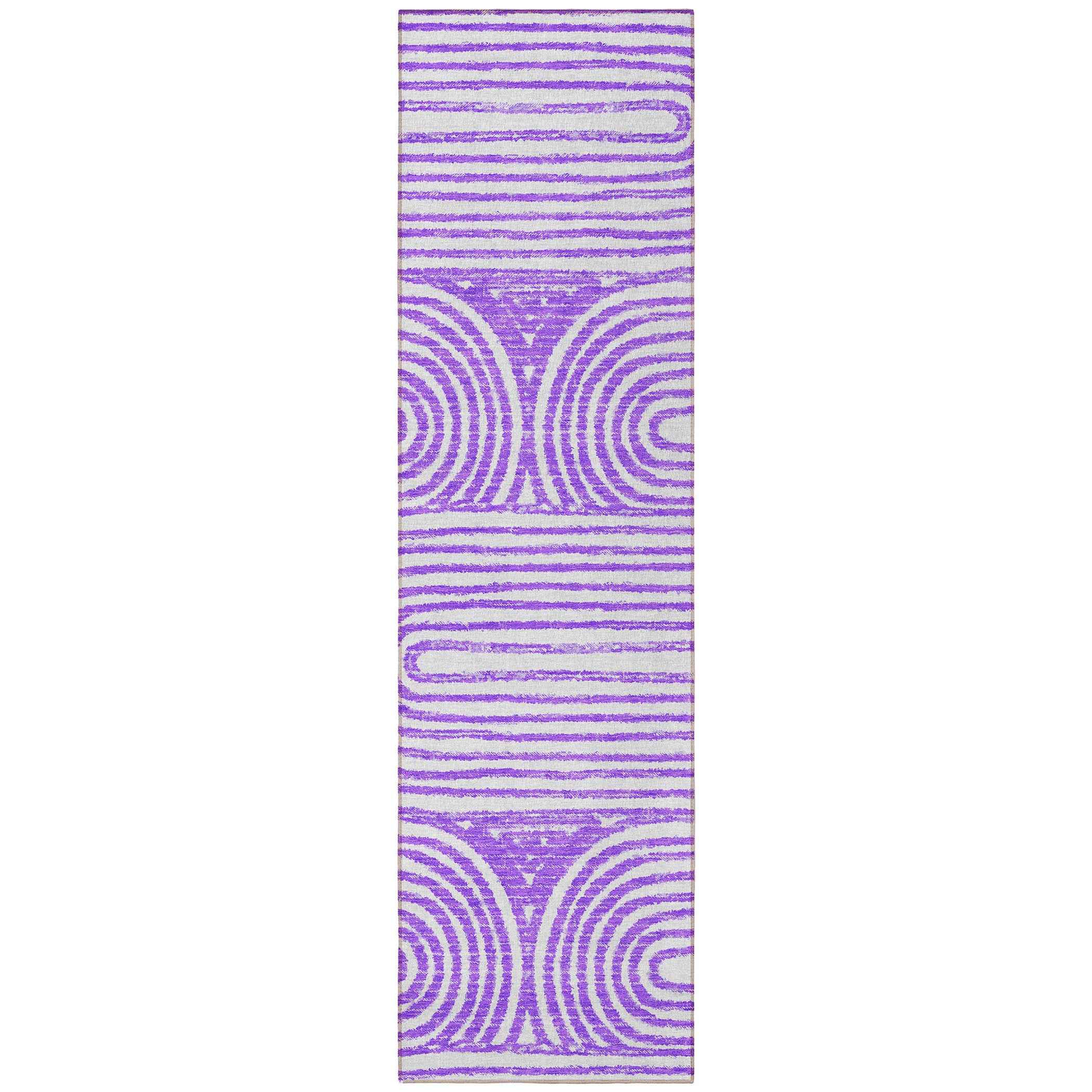 8' Runner Purple and White Abstract Washable Non Skid Indoor Outdoor Runner Rug