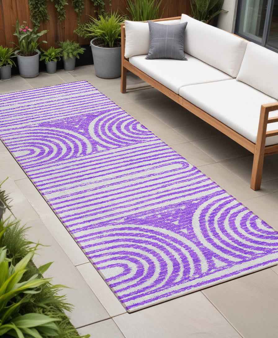 8' Runner Purple and White Abstract Washable Non Skid Indoor Outdoor Runner Rug
