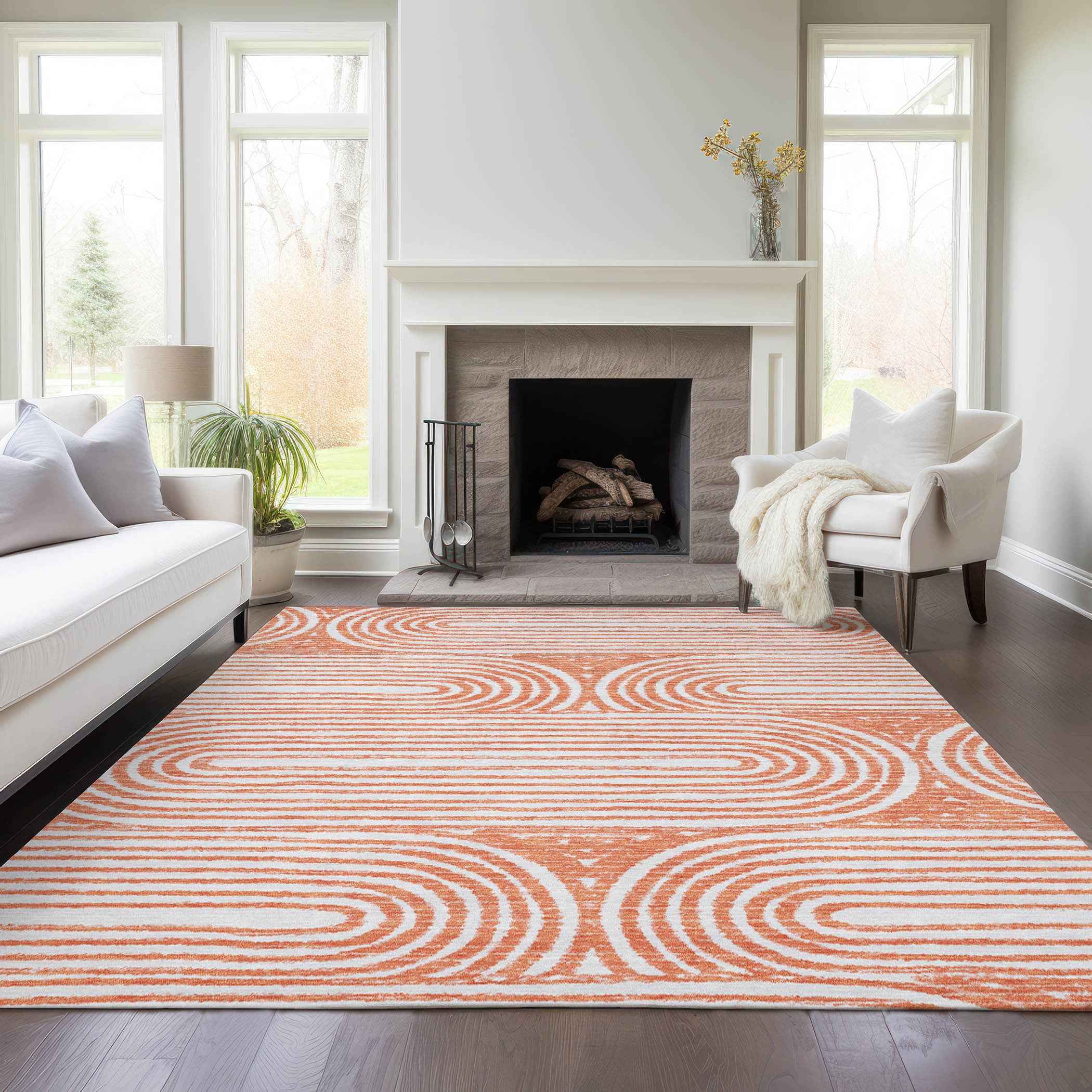 10' X 14' Orange and Ivory Abstract Washable Non Skid Indoor Outdoor Area Rug