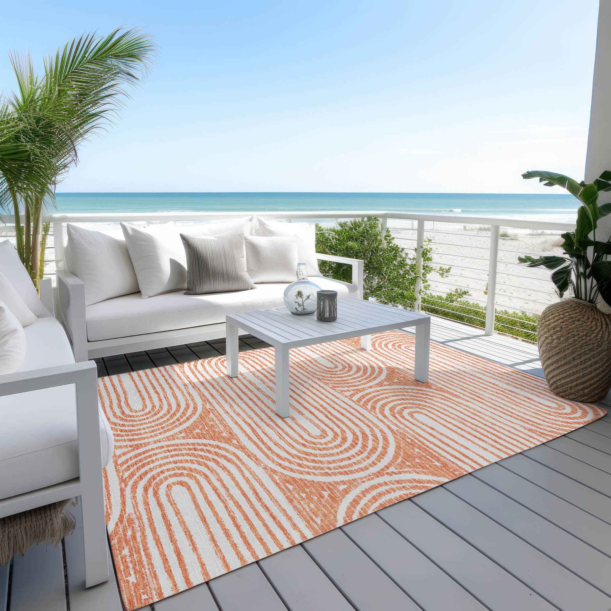 10' X 14' Orange and Ivory Abstract Washable Non Skid Indoor Outdoor Area Rug