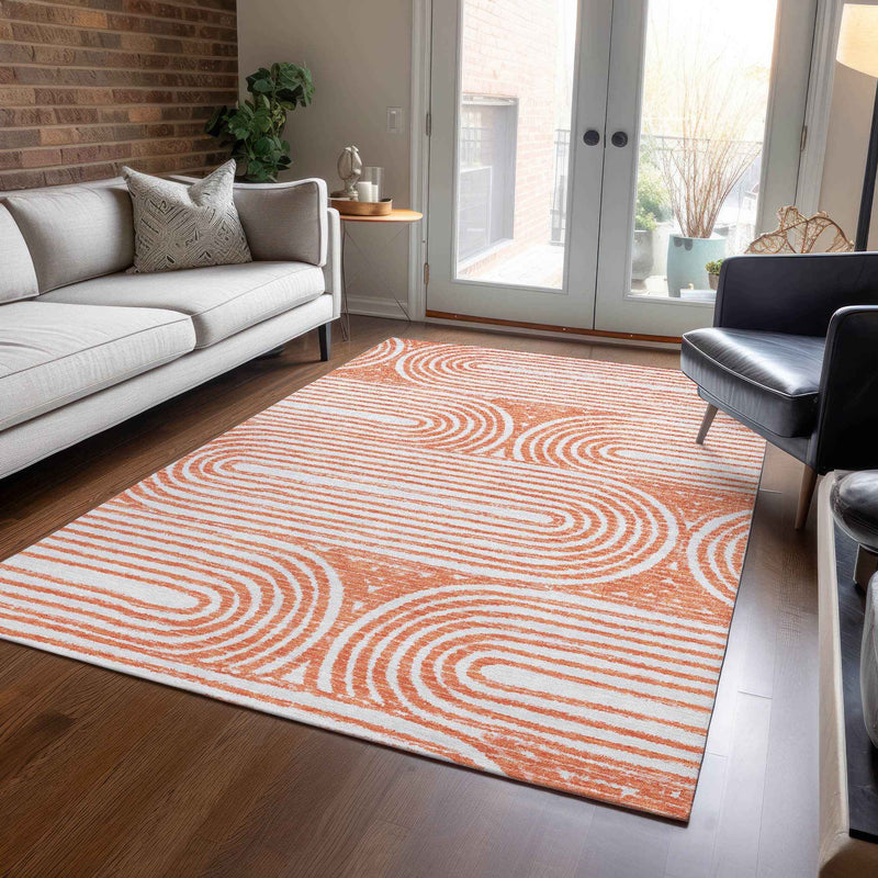 10' X 14' Orange and Ivory Abstract Washable Non Skid Indoor Outdoor Area Rug
