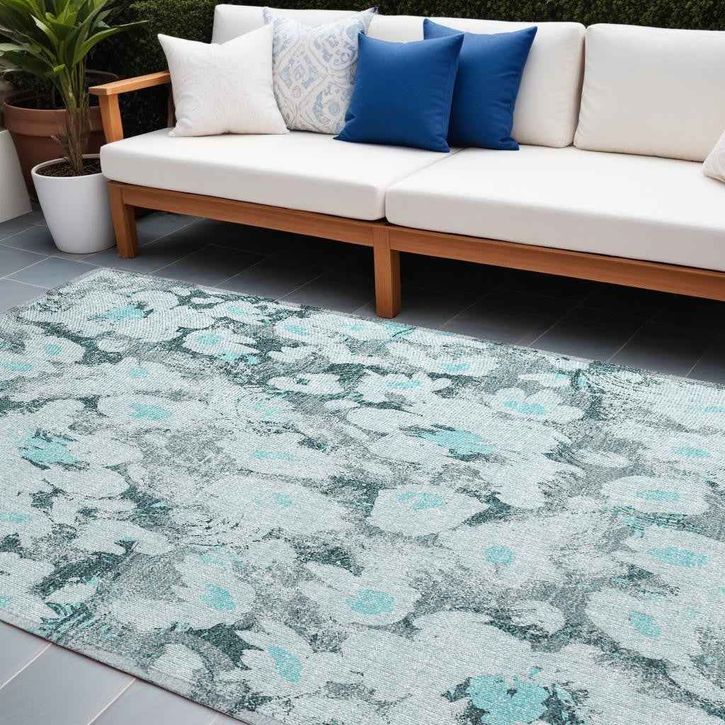8' X 10' Teal Floral Washable Non Skid Indoor Outdoor Area Rug