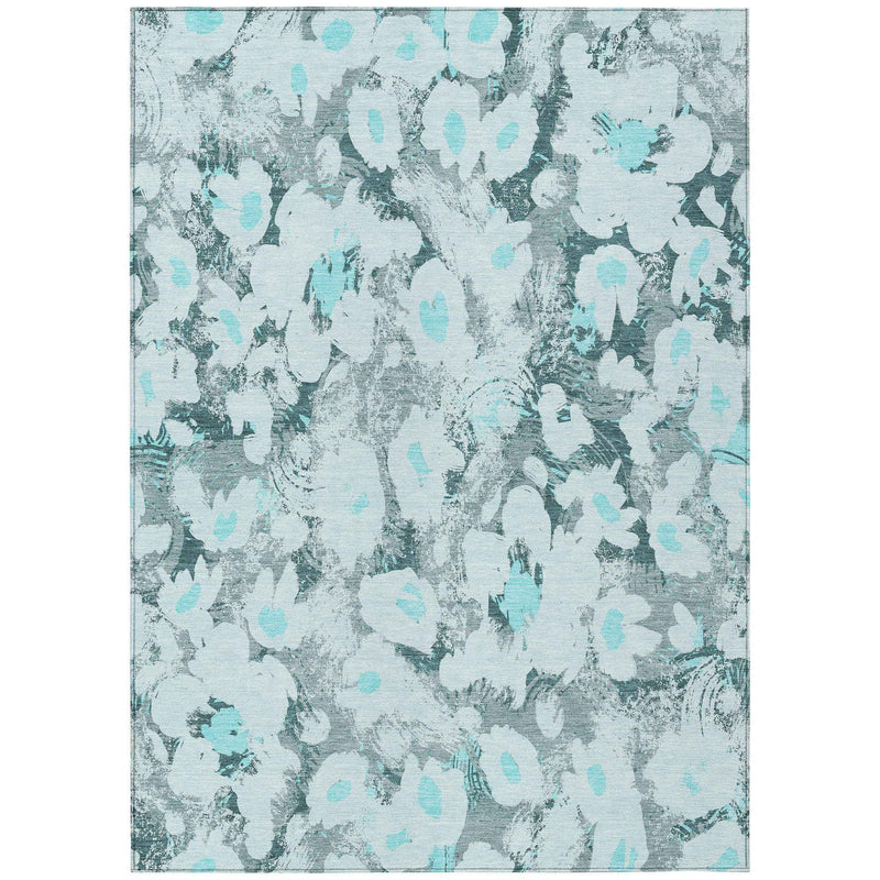 8' X 10' Teal Floral Washable Non Skid Indoor Outdoor Area Rug