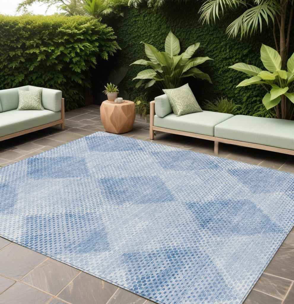 10' X 14' Blue Geometric Washable Non Skid Indoor Outdoor Area Rug