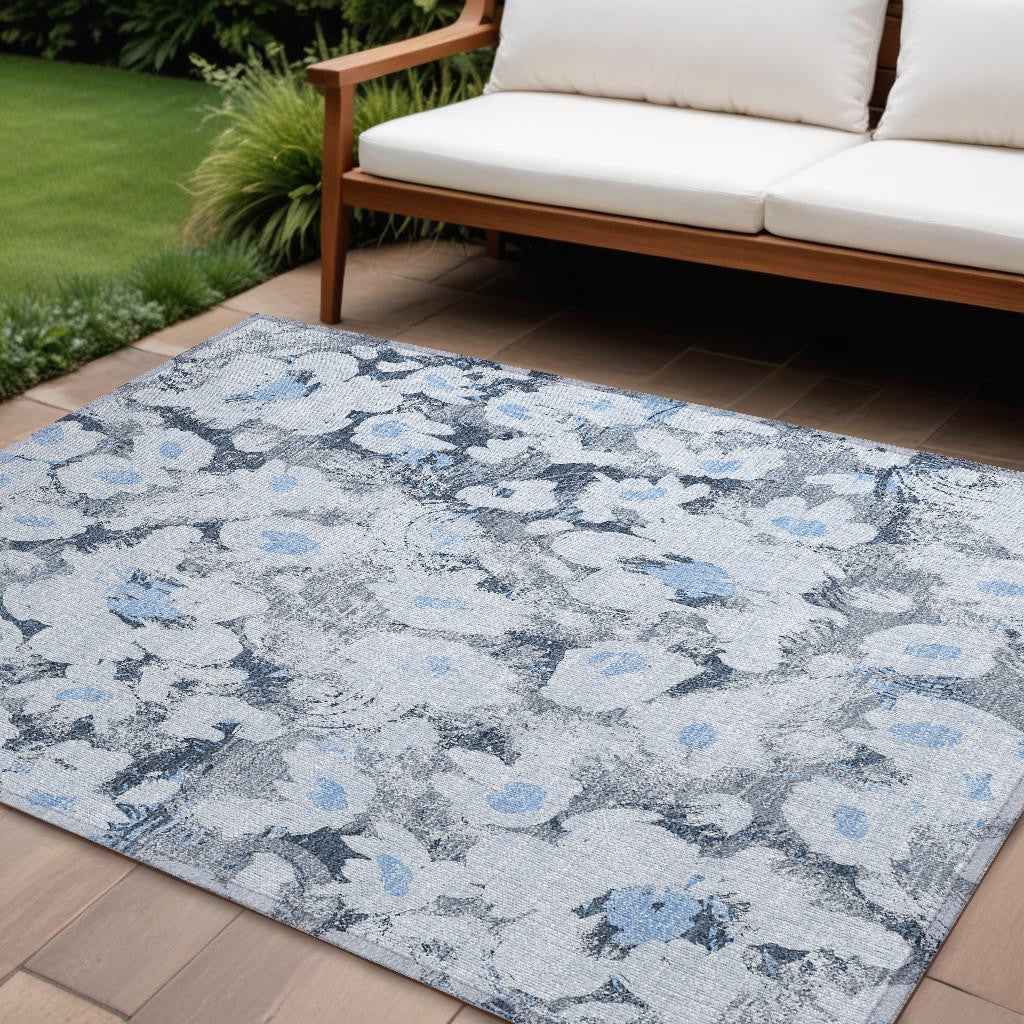 10' X 14' Denim Blue Floral Washable Non Skid Indoor Outdoor Area Rug