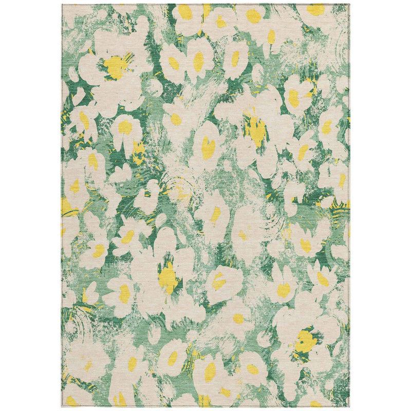 10' X 14' Green Floral Washable Non Skid Indoor Outdoor Area Rug