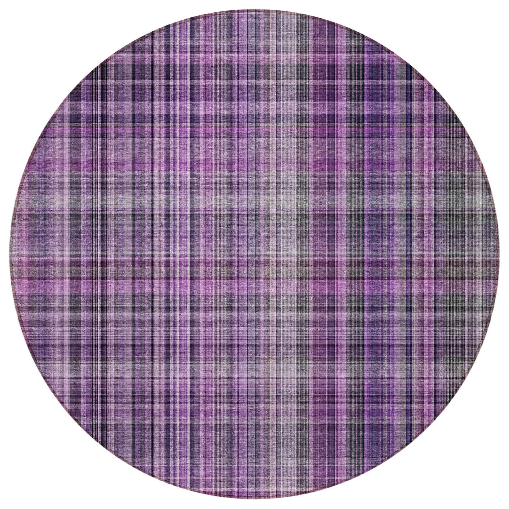 8' Round Purple Round Plaid Washable Non Skid Indoor Outdoor Area Rug