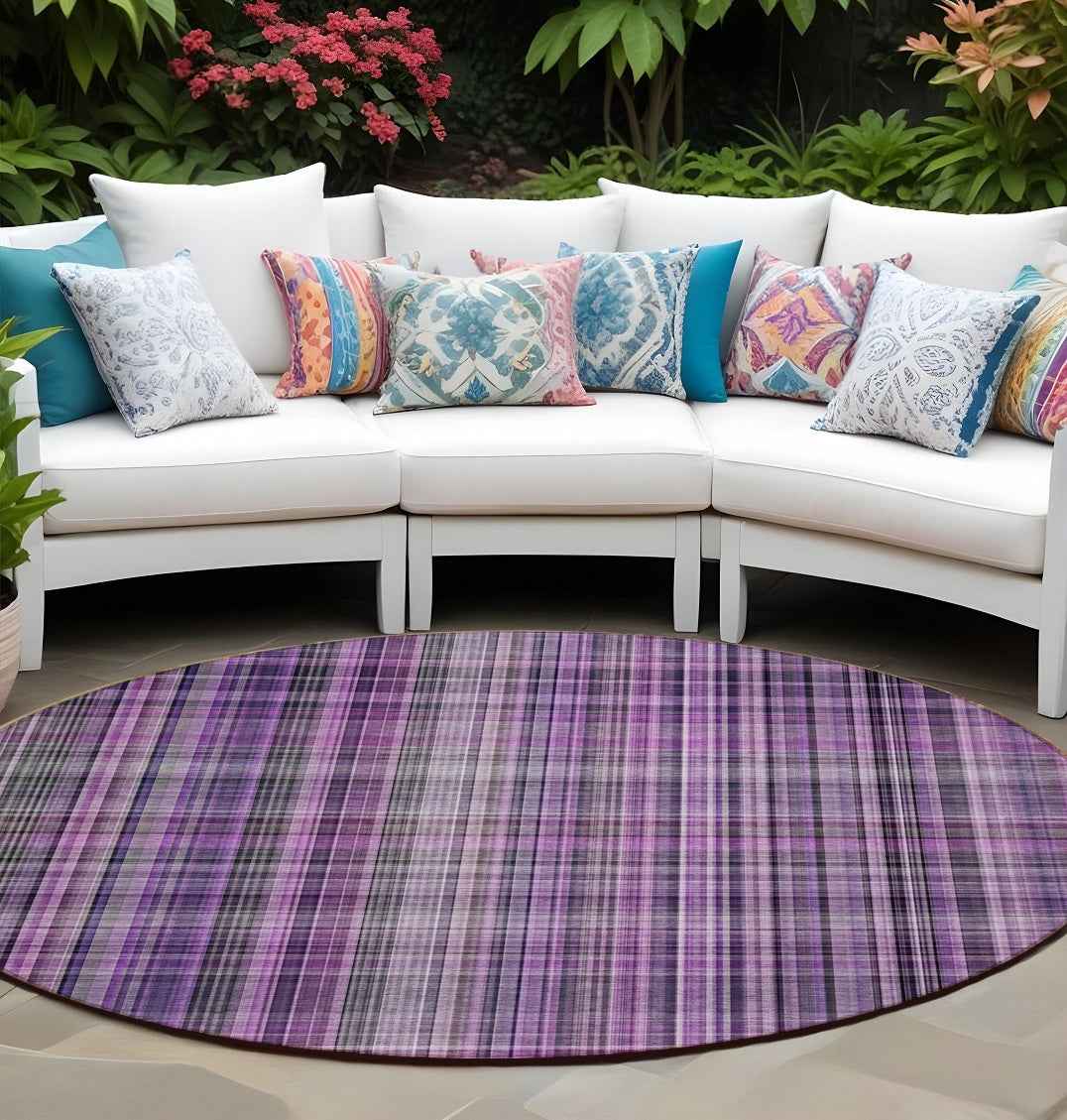 8' Round Purple Round Plaid Washable Non Skid Indoor Outdoor Area Rug