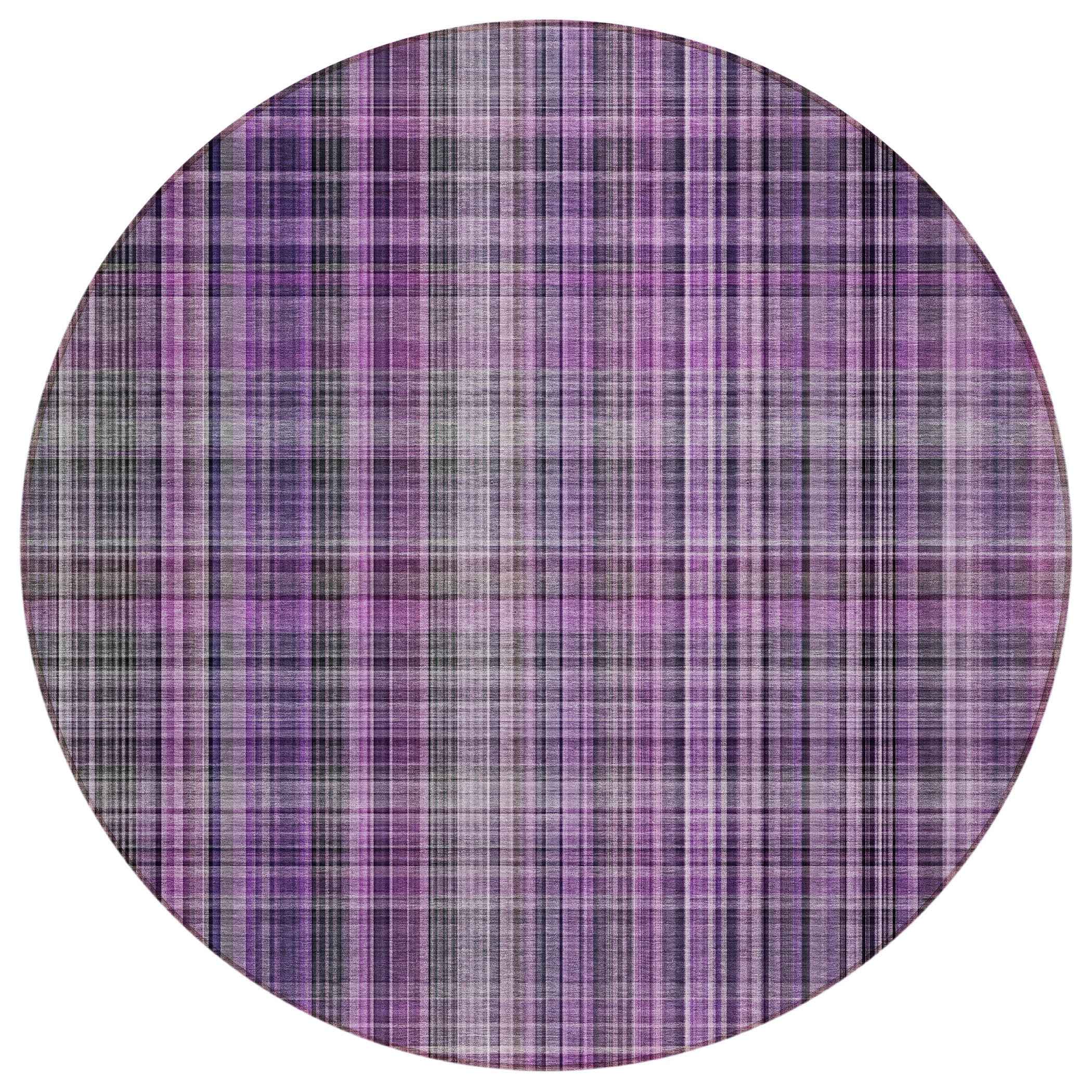 8' Round Purple Round Plaid Washable Non Skid Indoor Outdoor Area Rug