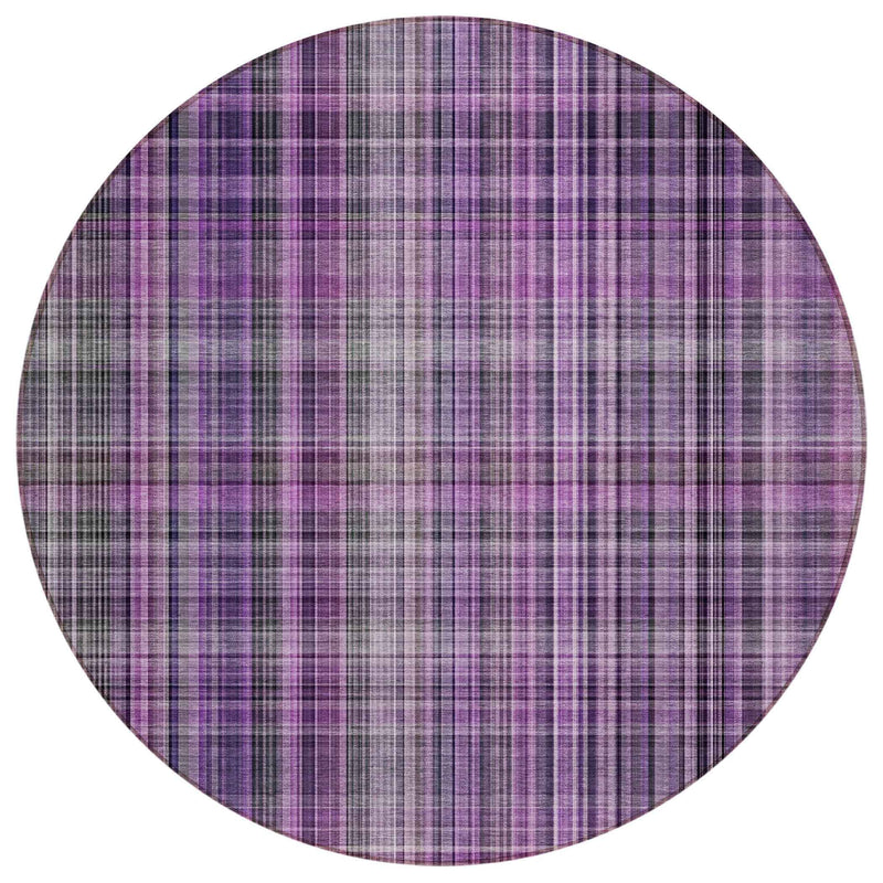 8' Round Purple Round Plaid Washable Non Skid Indoor Outdoor Area Rug