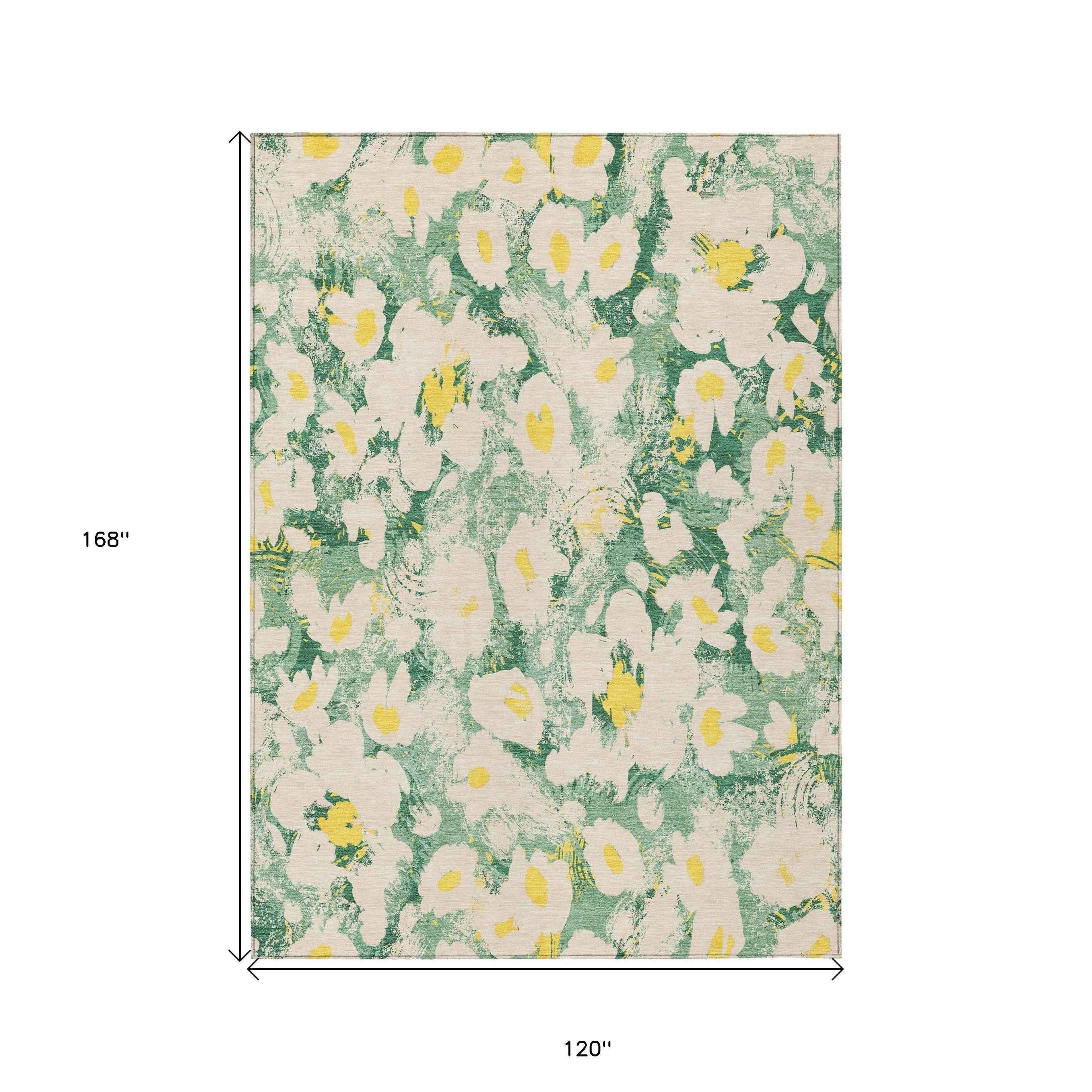 10' X 14' Green Floral Washable Non Skid Indoor Outdoor Area Rug