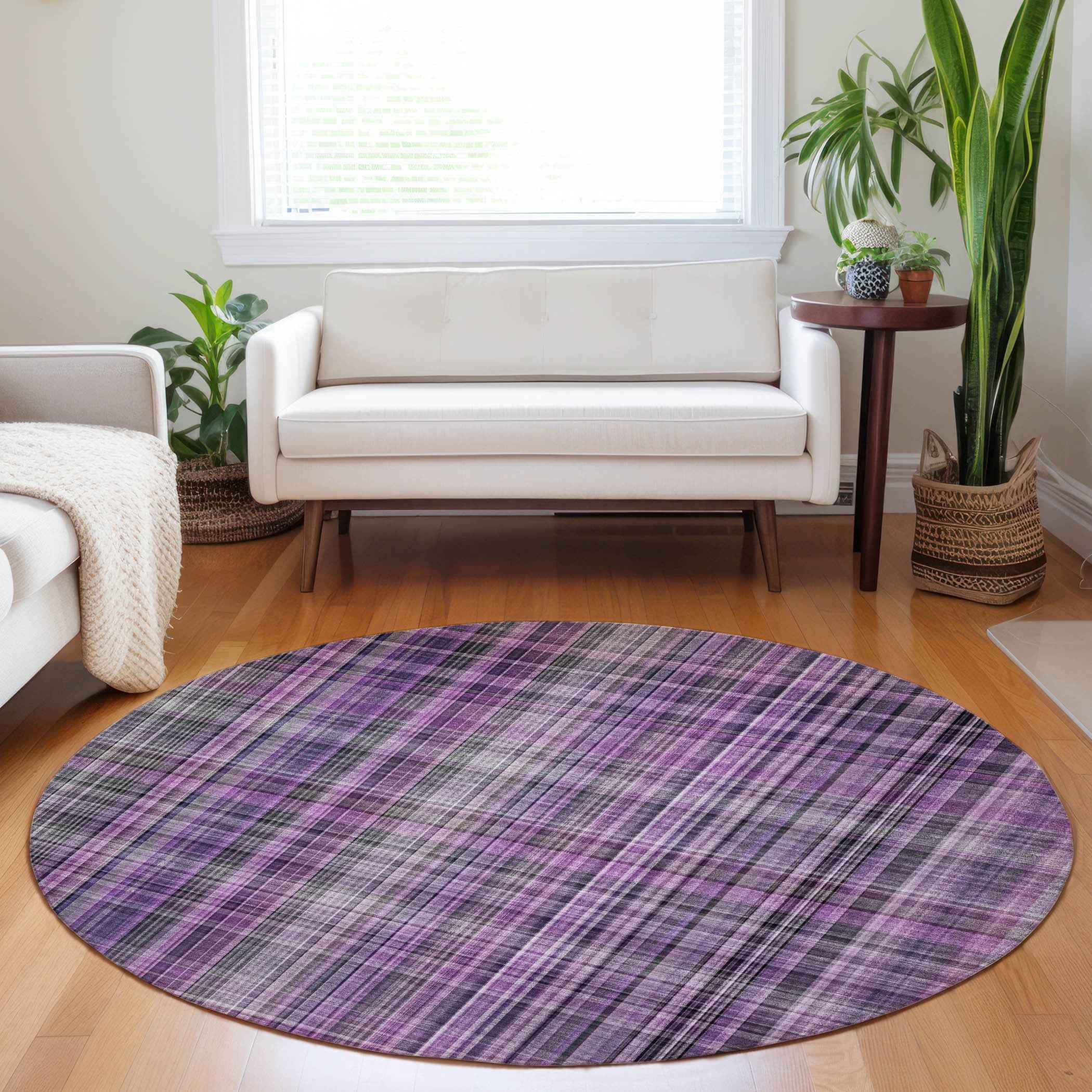 8' Round Purple Round Plaid Washable Non Skid Indoor Outdoor Area Rug