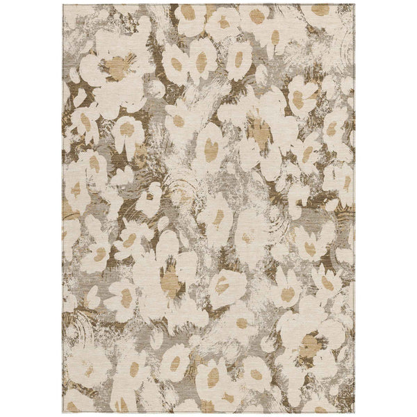 9' X 12' Khaki Floral Washable Non Skid Indoor Outdoor Area Rug