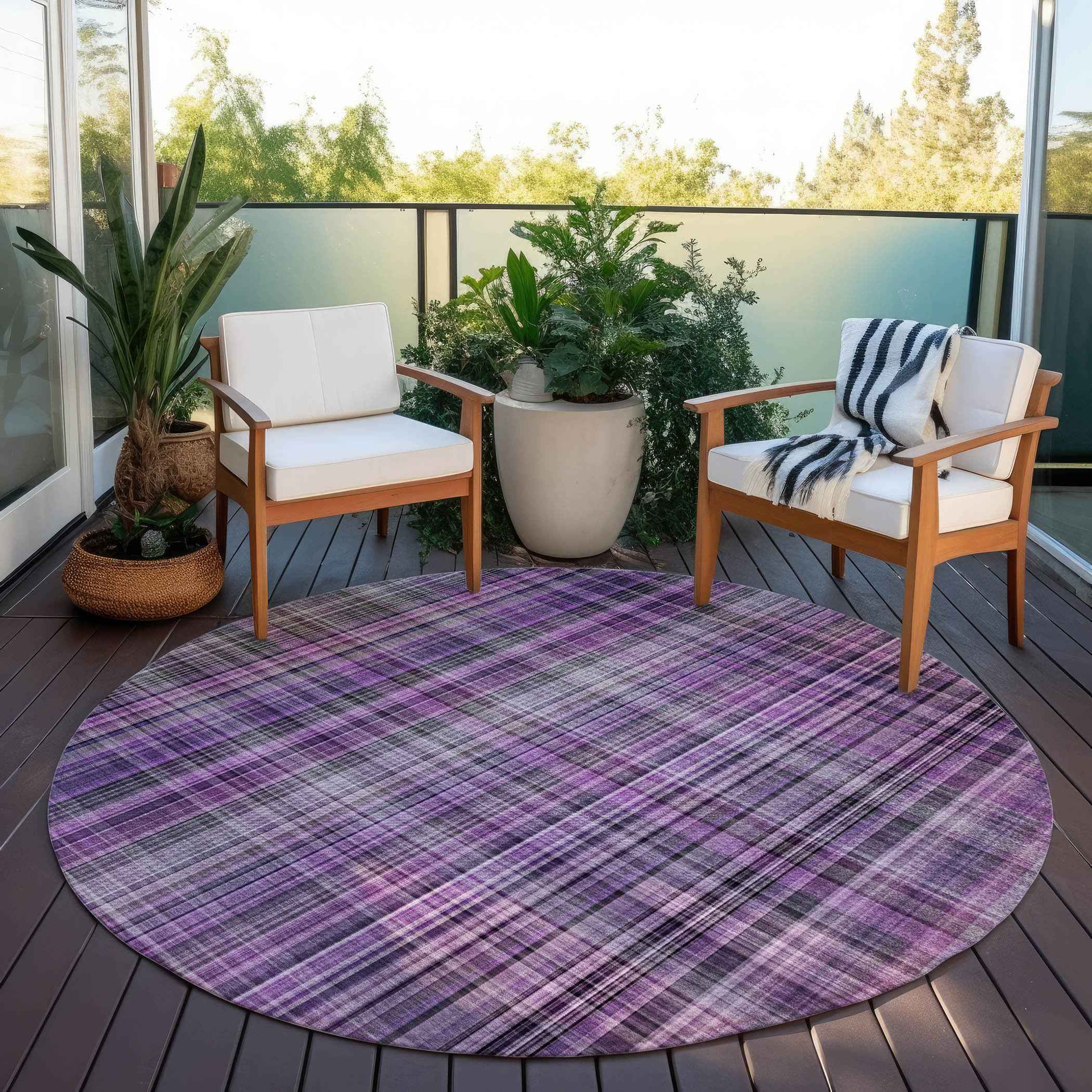 8' Round Purple Round Plaid Washable Non Skid Indoor Outdoor Area Rug