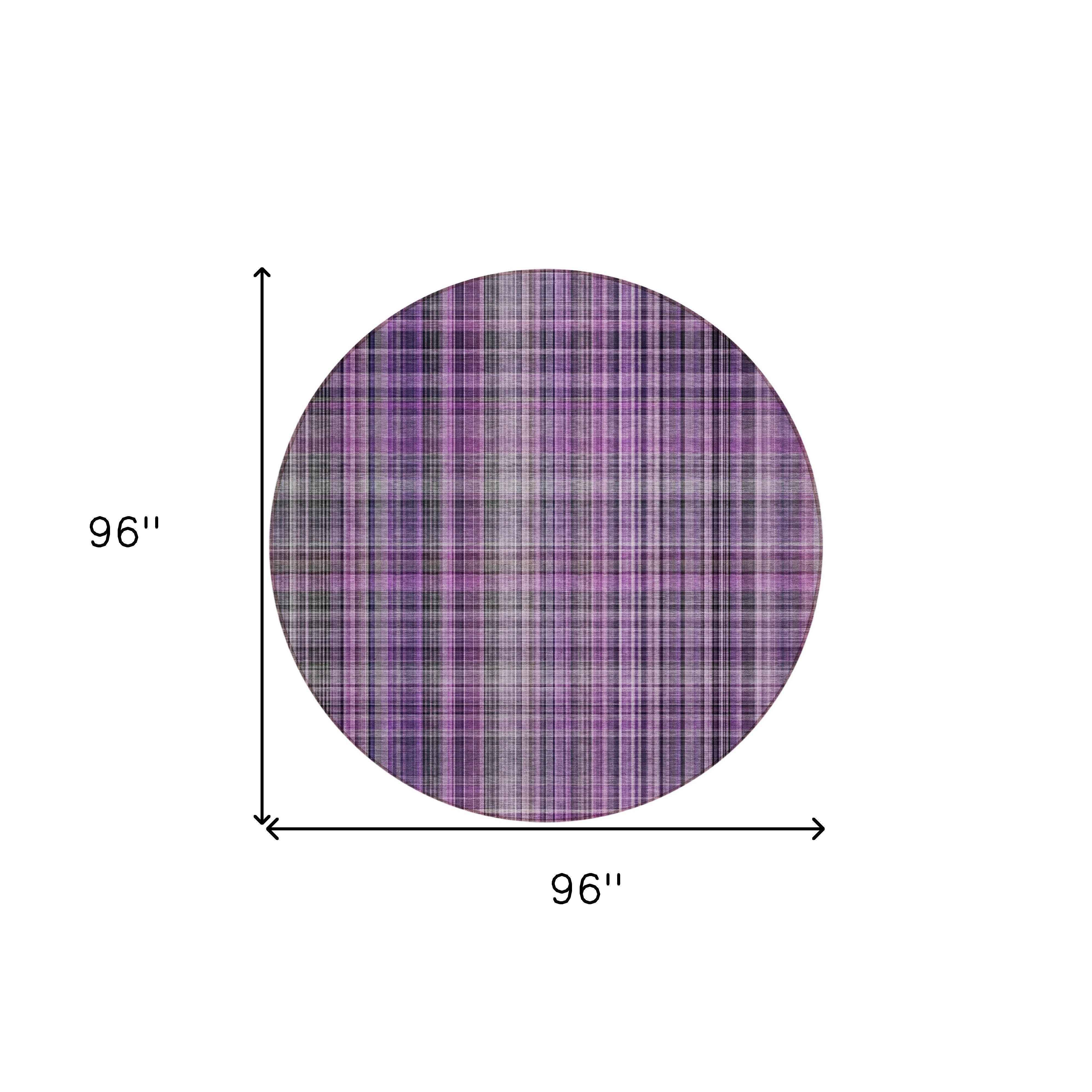 8' Round Purple Round Plaid Washable Non Skid Indoor Outdoor Area Rug